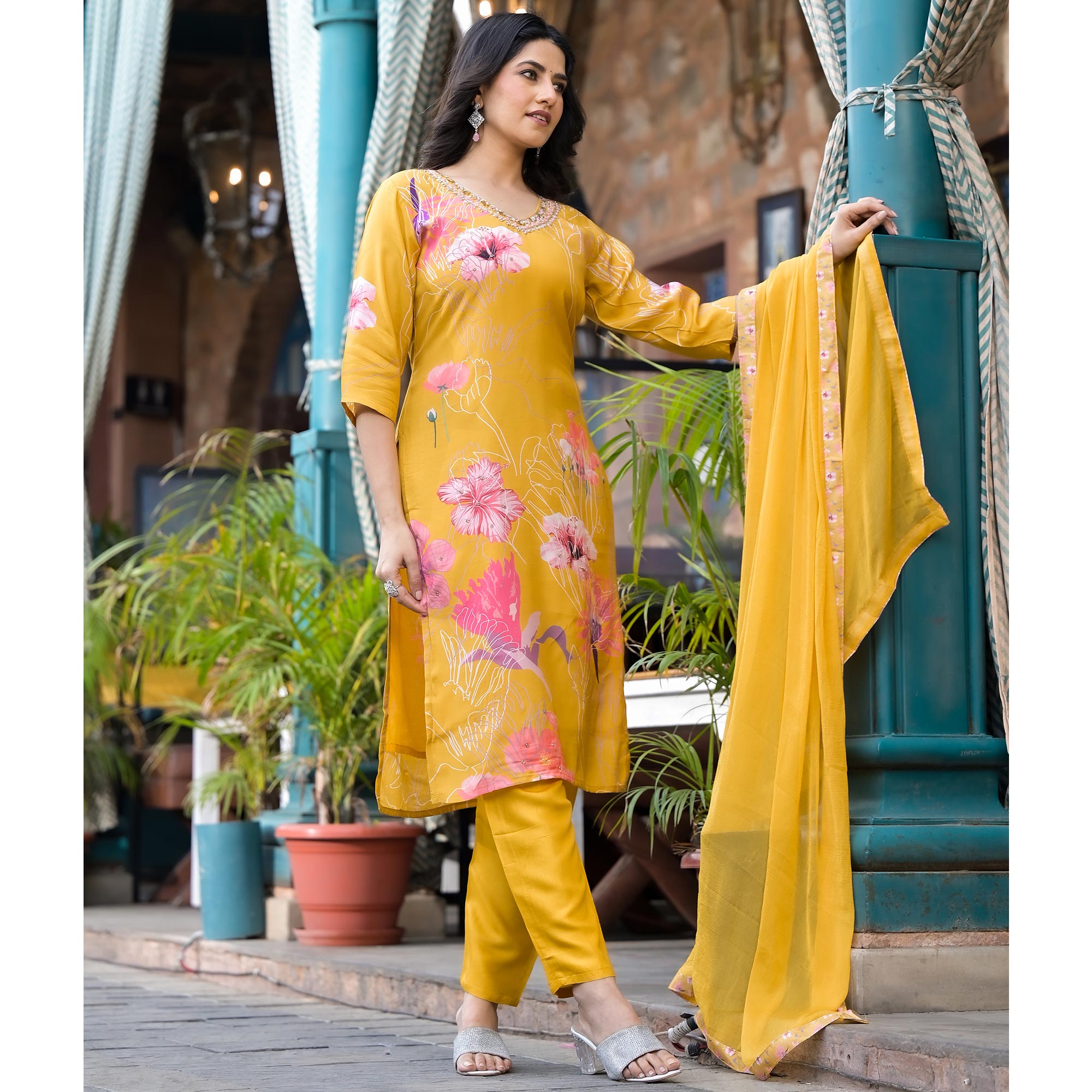 Mustard Floral Printed Viscose Salwar Suit With Beads Work