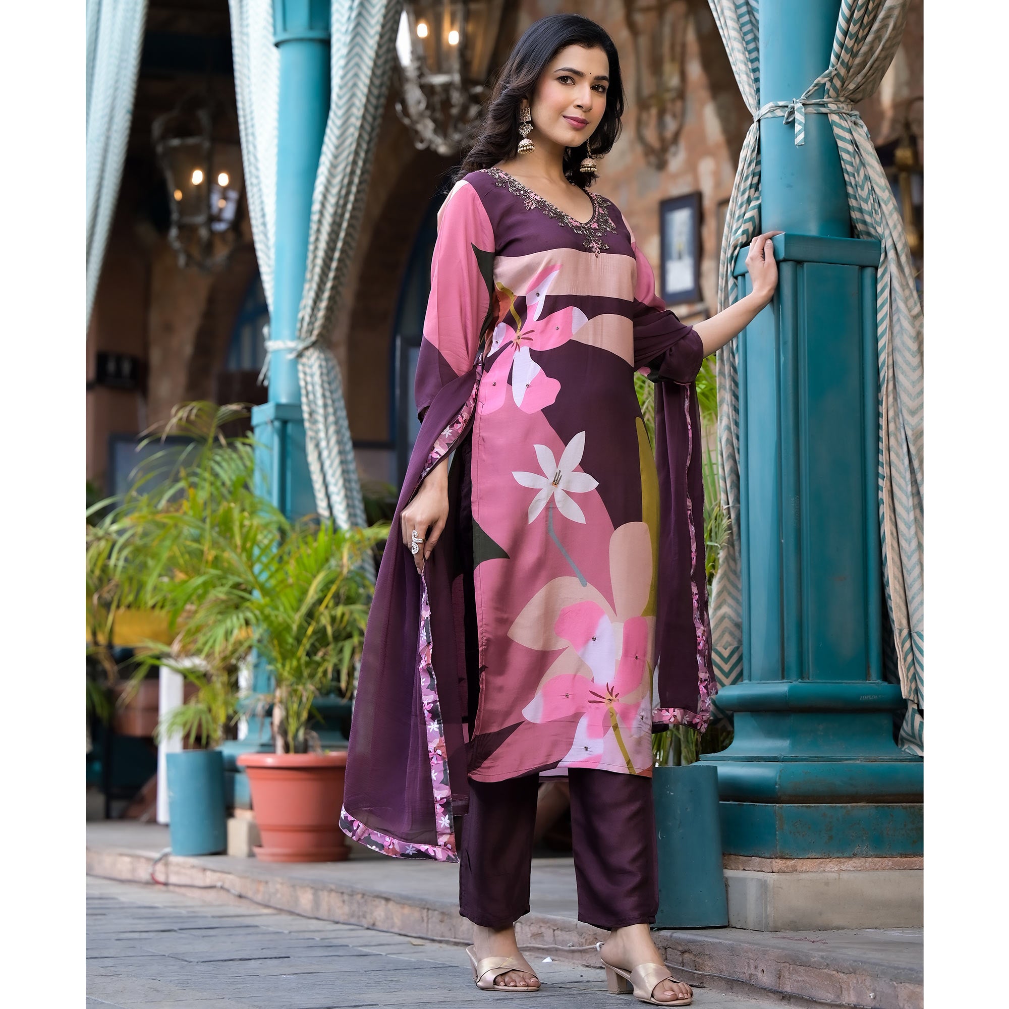 Purple Floral Printed Viscose Salwar Suit With Beads Work