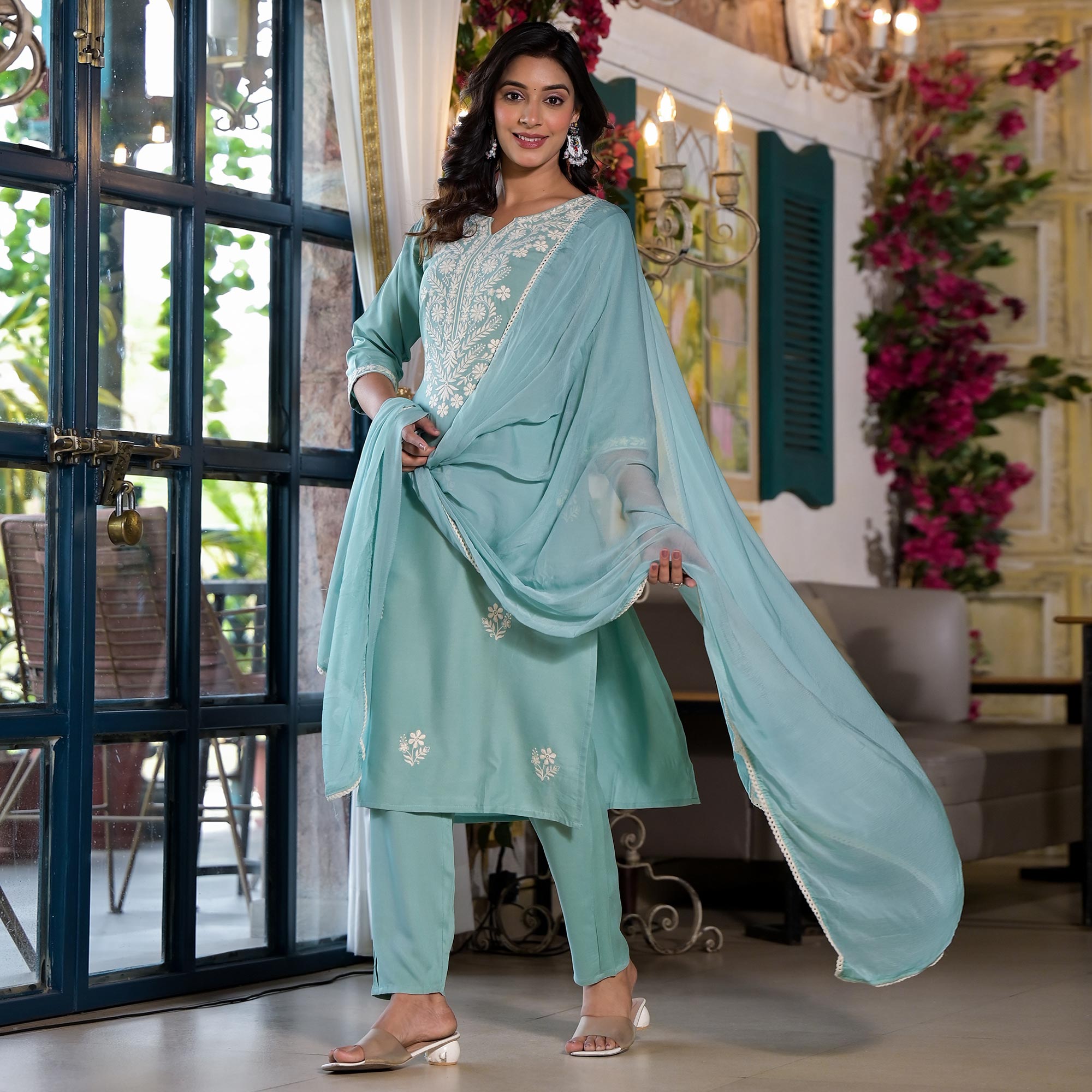 Sky Blue Lucknowi Embroidered Rayon Salwar Suit