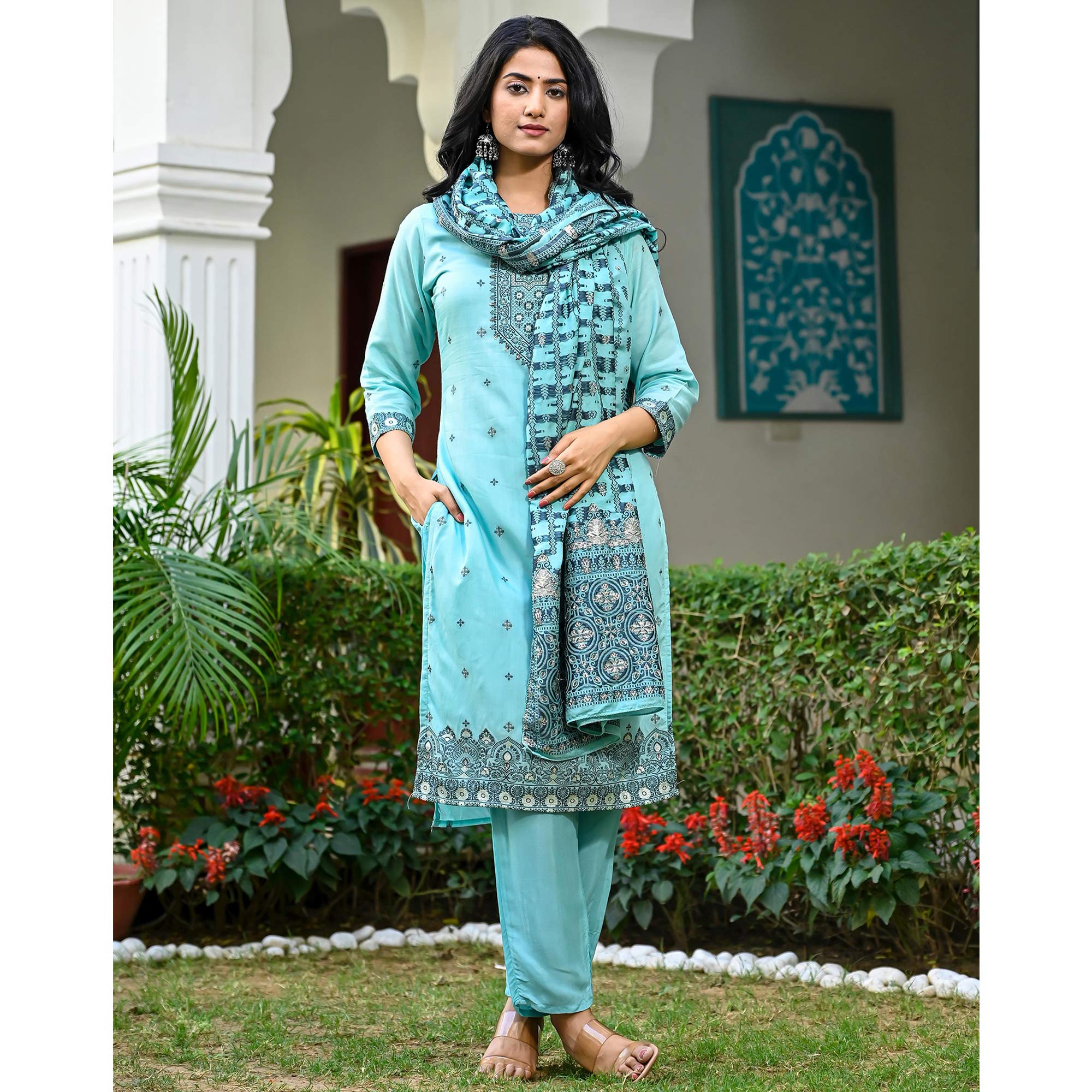 Turquoise Floral Woven Viscose Salwar Suit