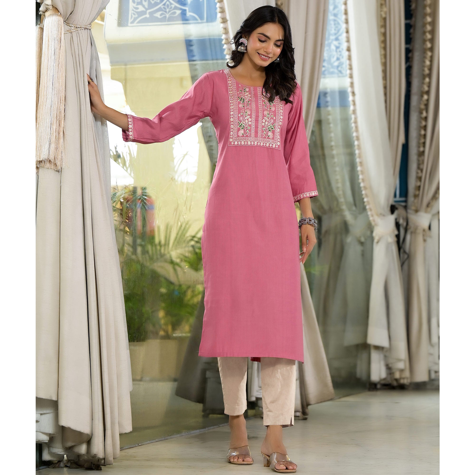 Pink Yoke Embroidered Viscose Straight Kurti