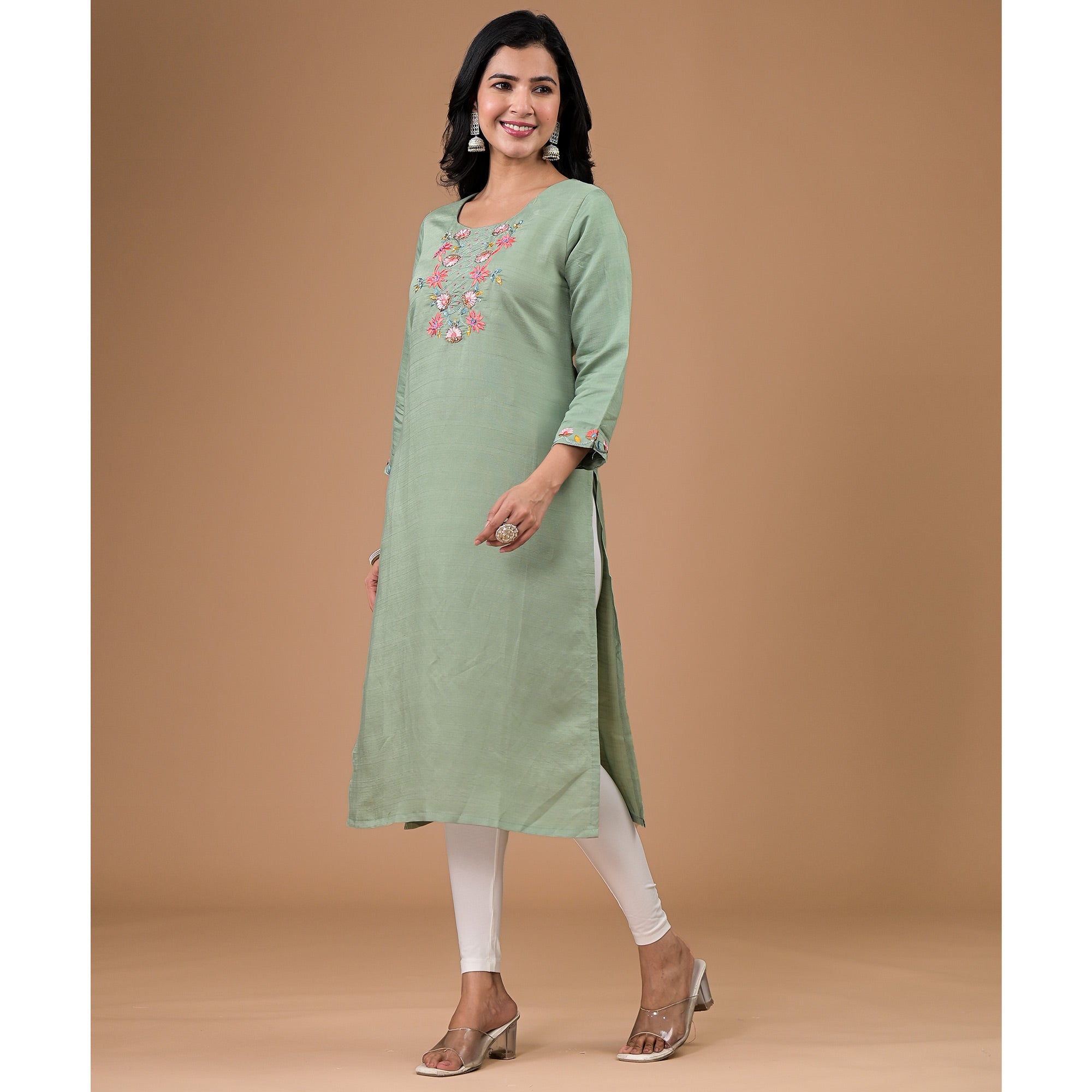 Mint Green Yoke Embroidered Viscose Straight Kurti