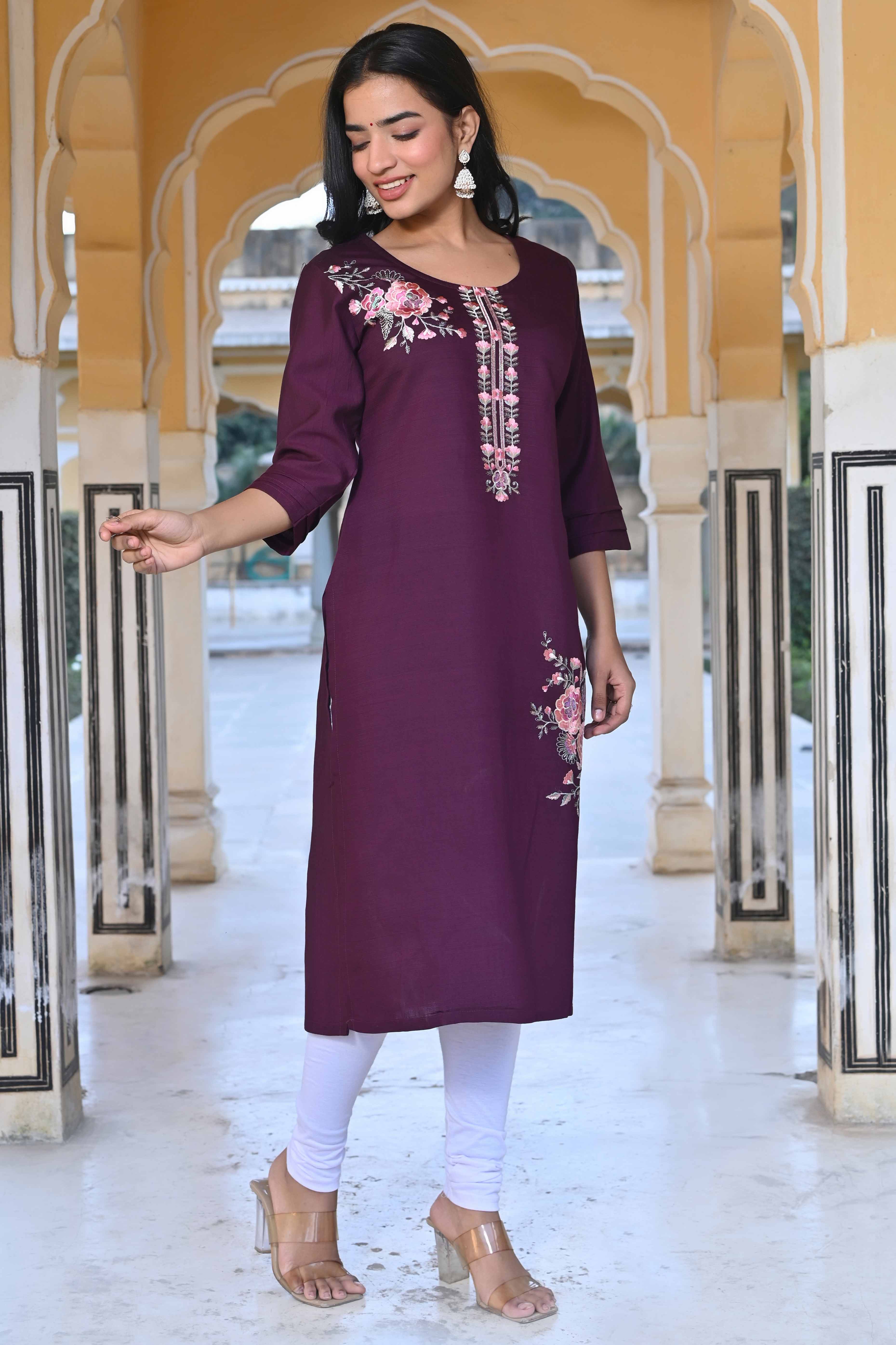 Purple Floral Embroidered Viscose Straight Kurti