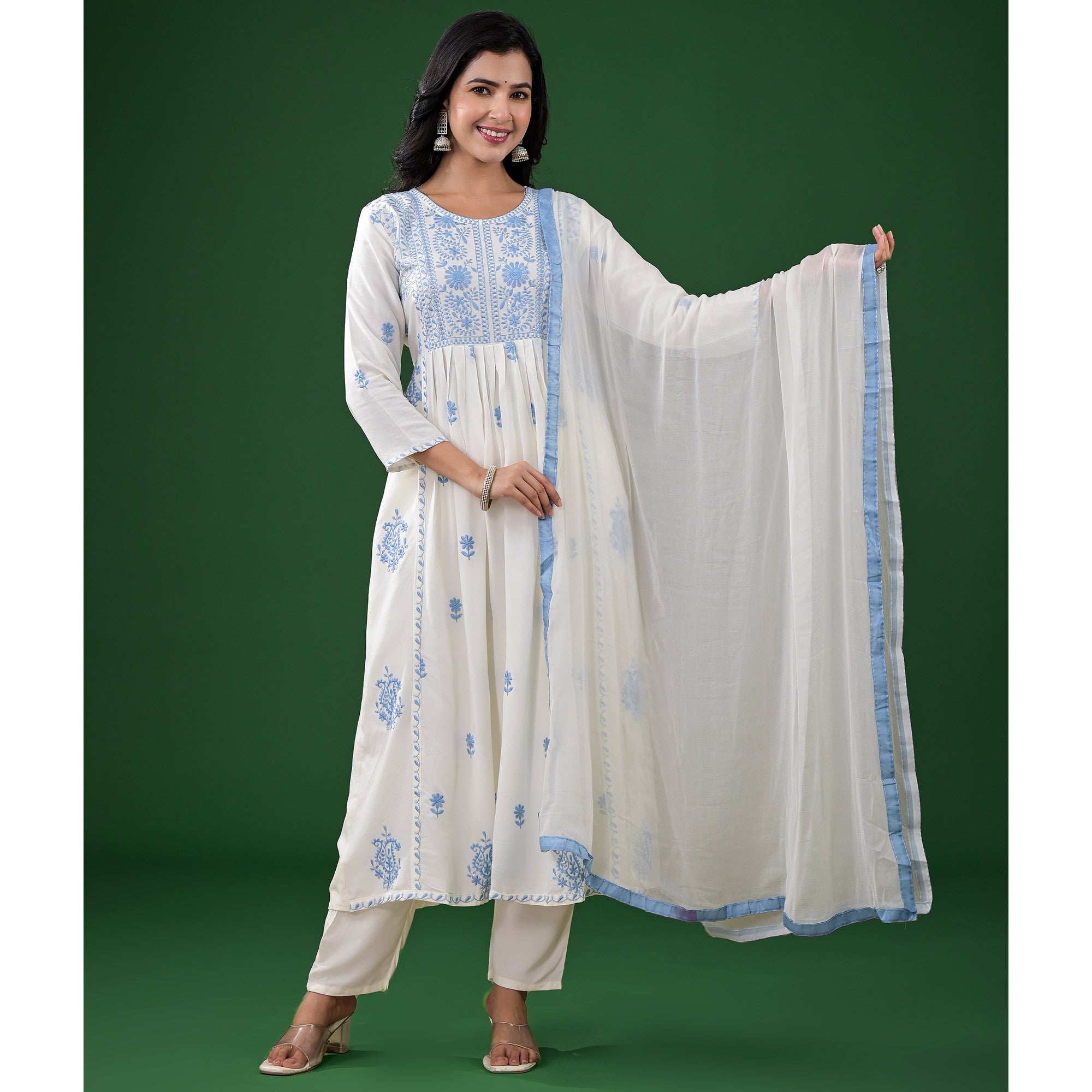 White Floral Embroidered Rayon A-Line Salwar Suit