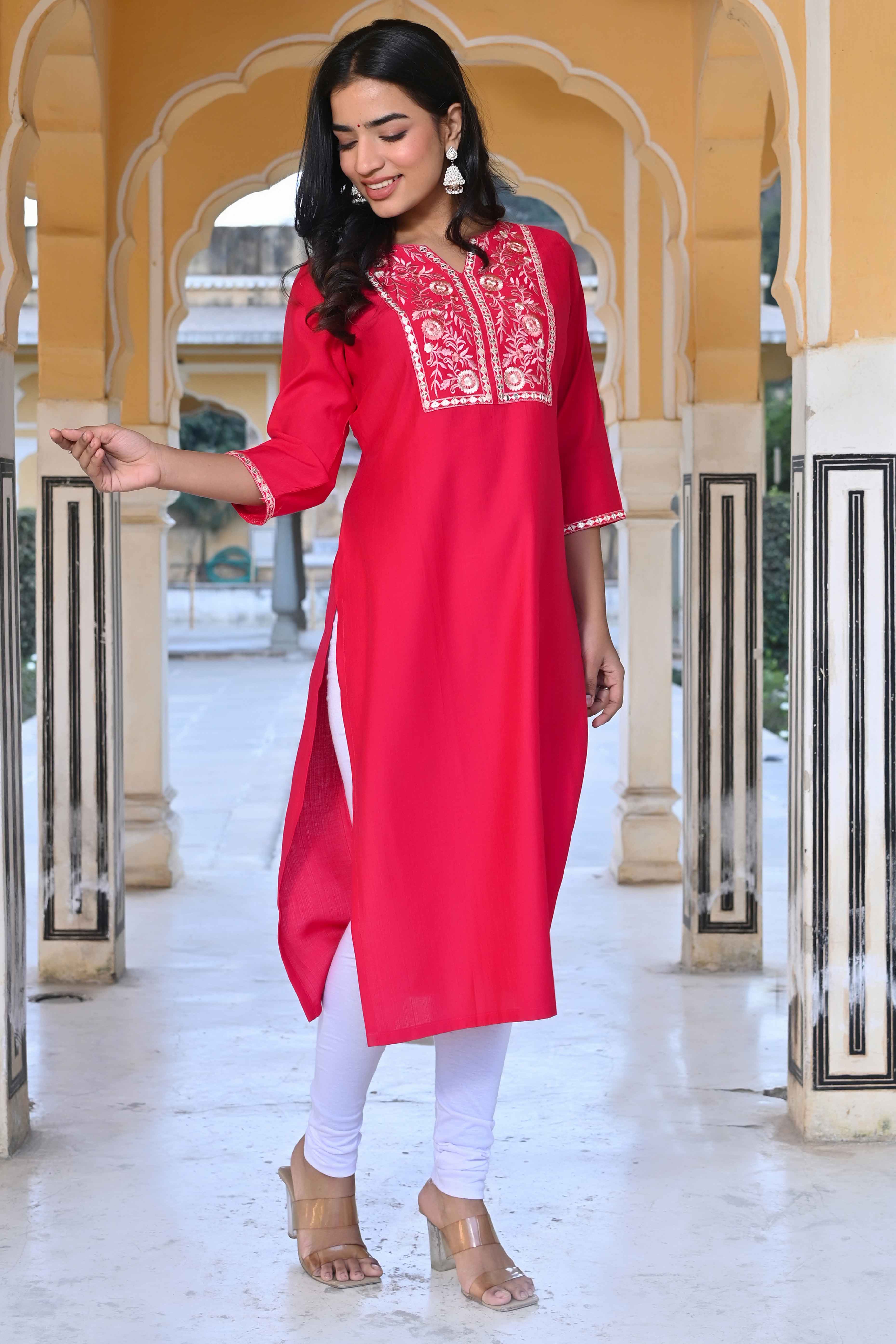 Pink Yoke Embroidered Pure Cotton Straight Kurti