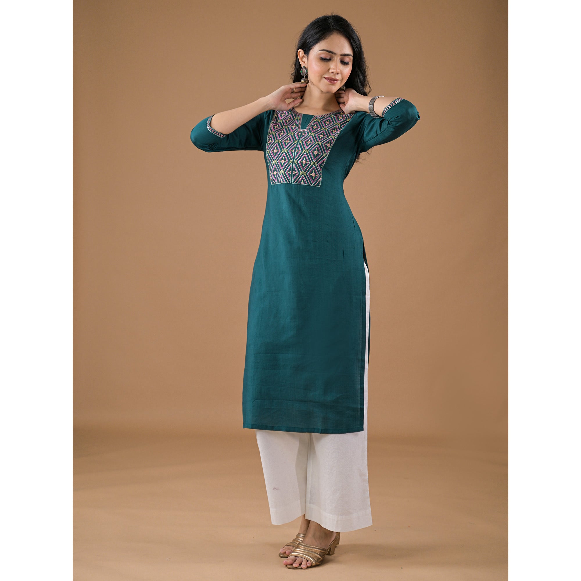 Green Yoke Embroidered Pure Cotton Straight Kurti