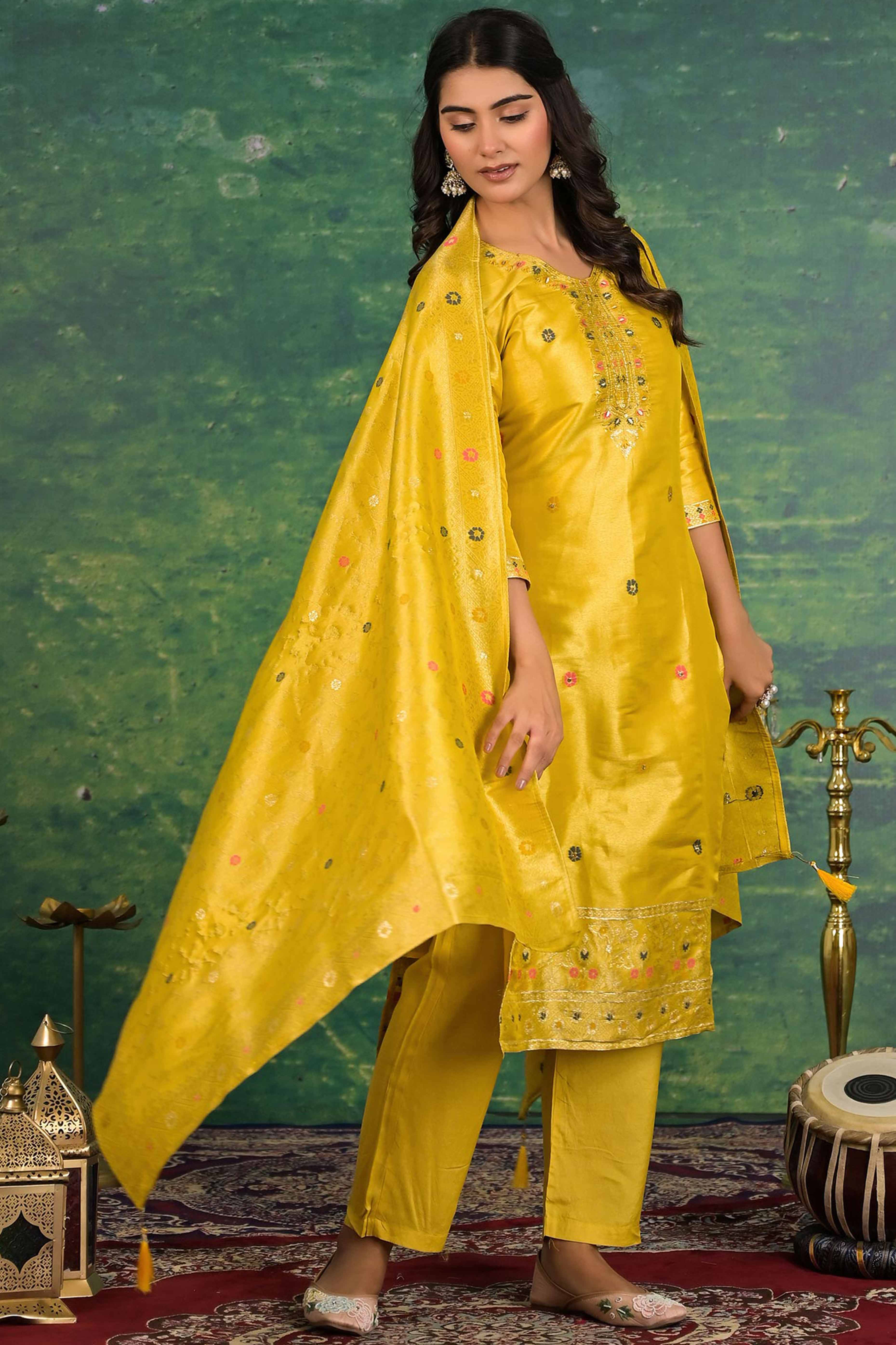 Mustard Floral Woven Dola Silk Salwar Suit