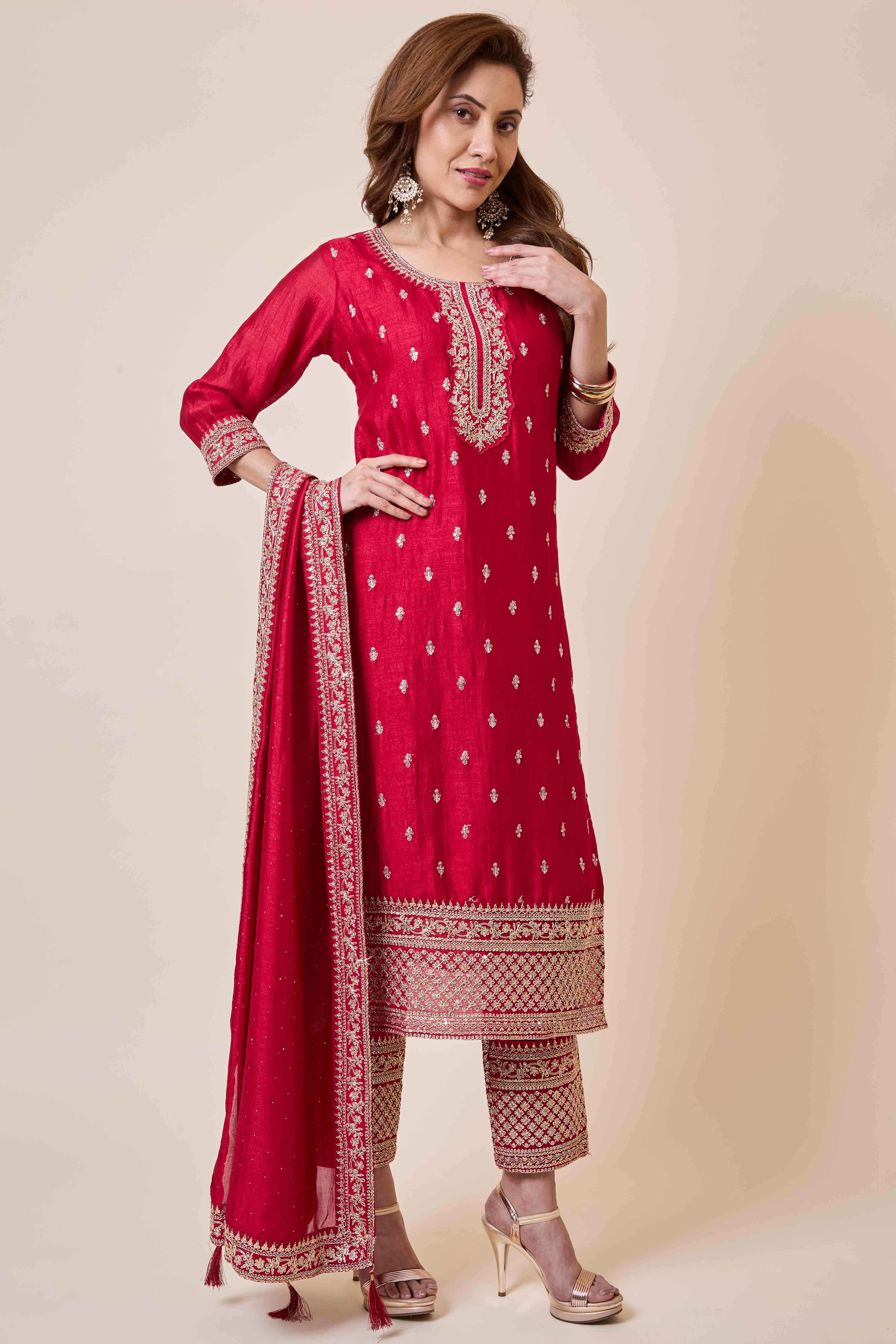 Dark Pink Embroidered Vichitra Silk Salwar Suit