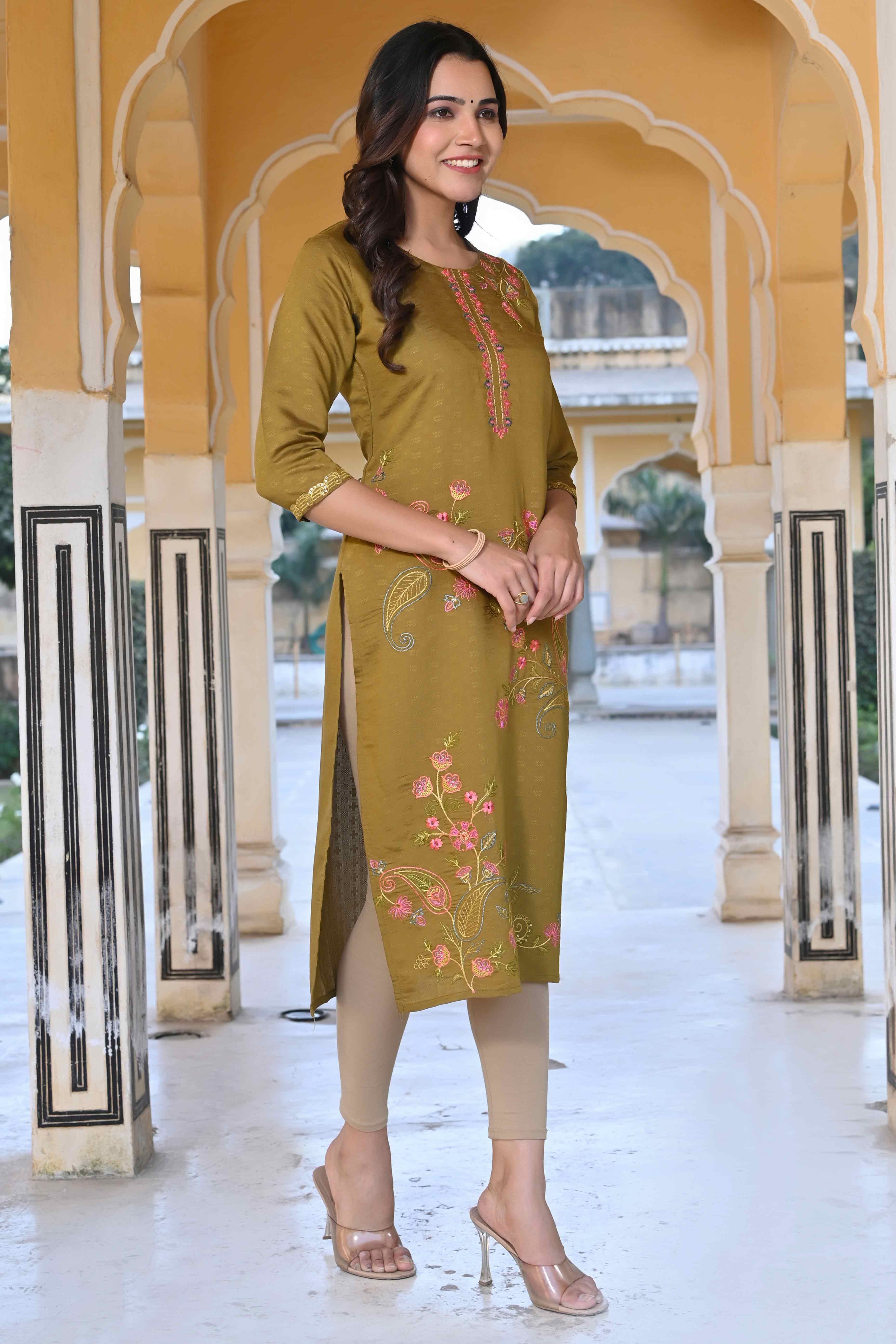 Olive Floral Embroidered Rayon Straight Kurti