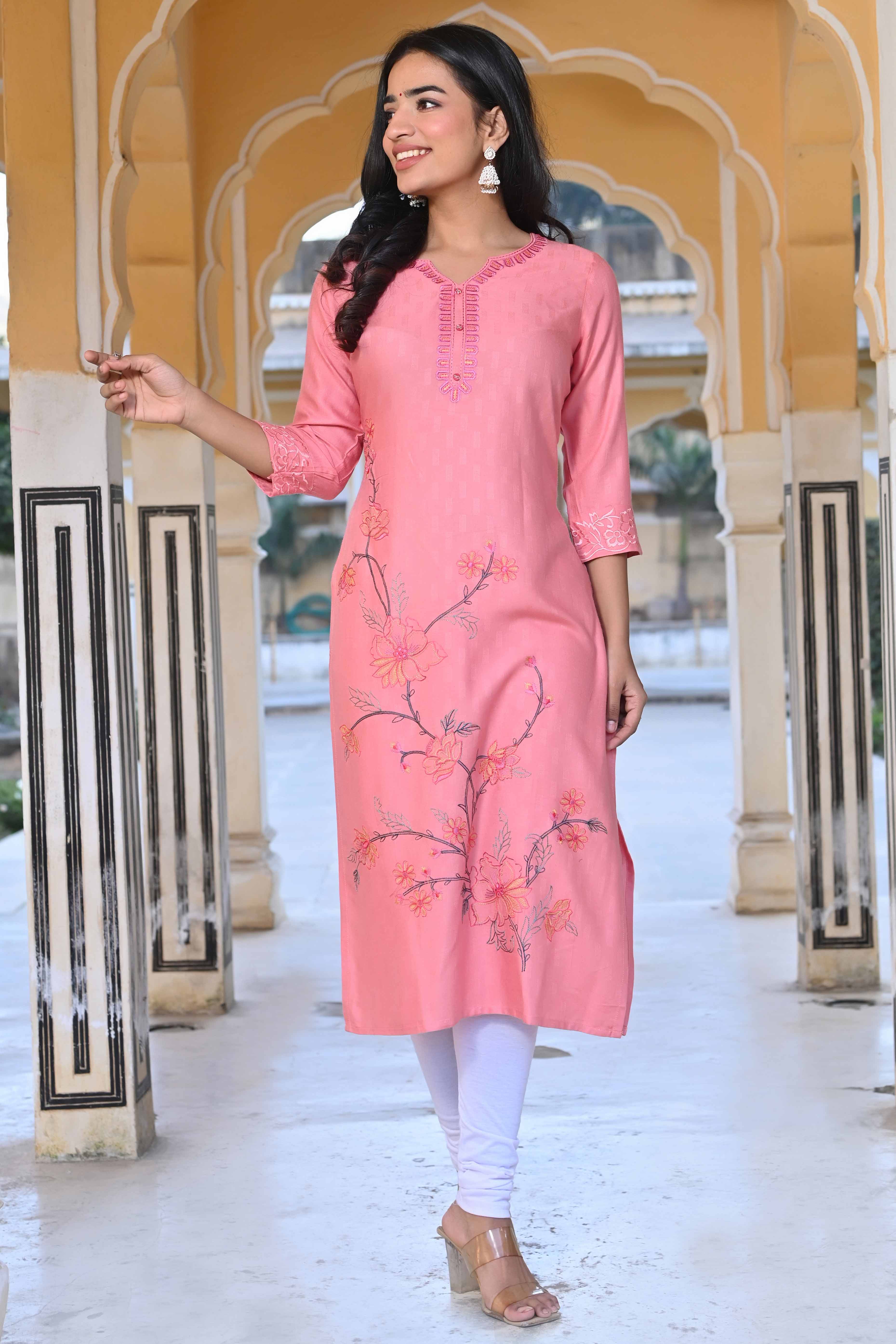 Peach Floral Embroidered Rayon Straight Kurti