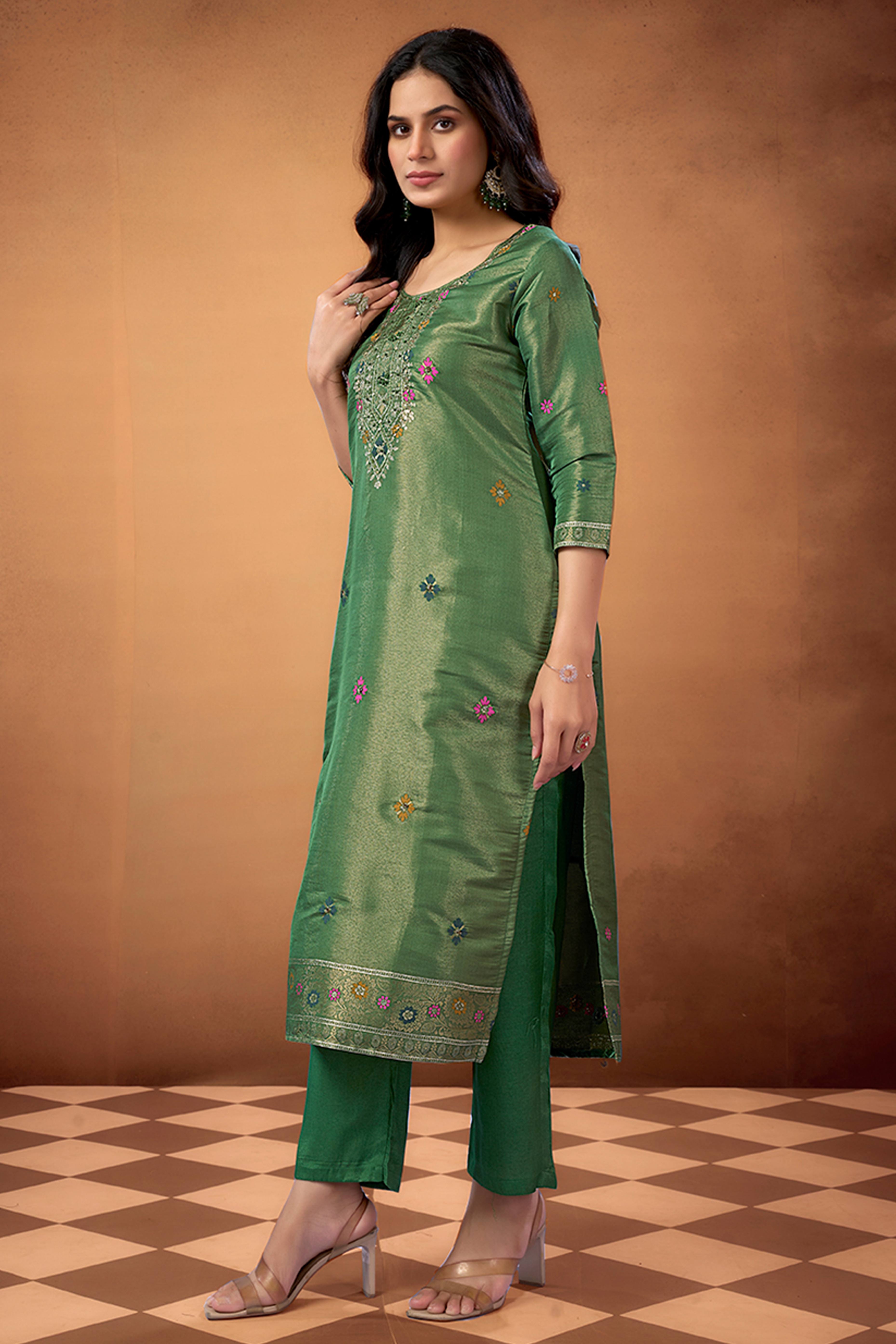 Mehandi Green Floral Handwork Woven Shimmer Straight Salwar Suit