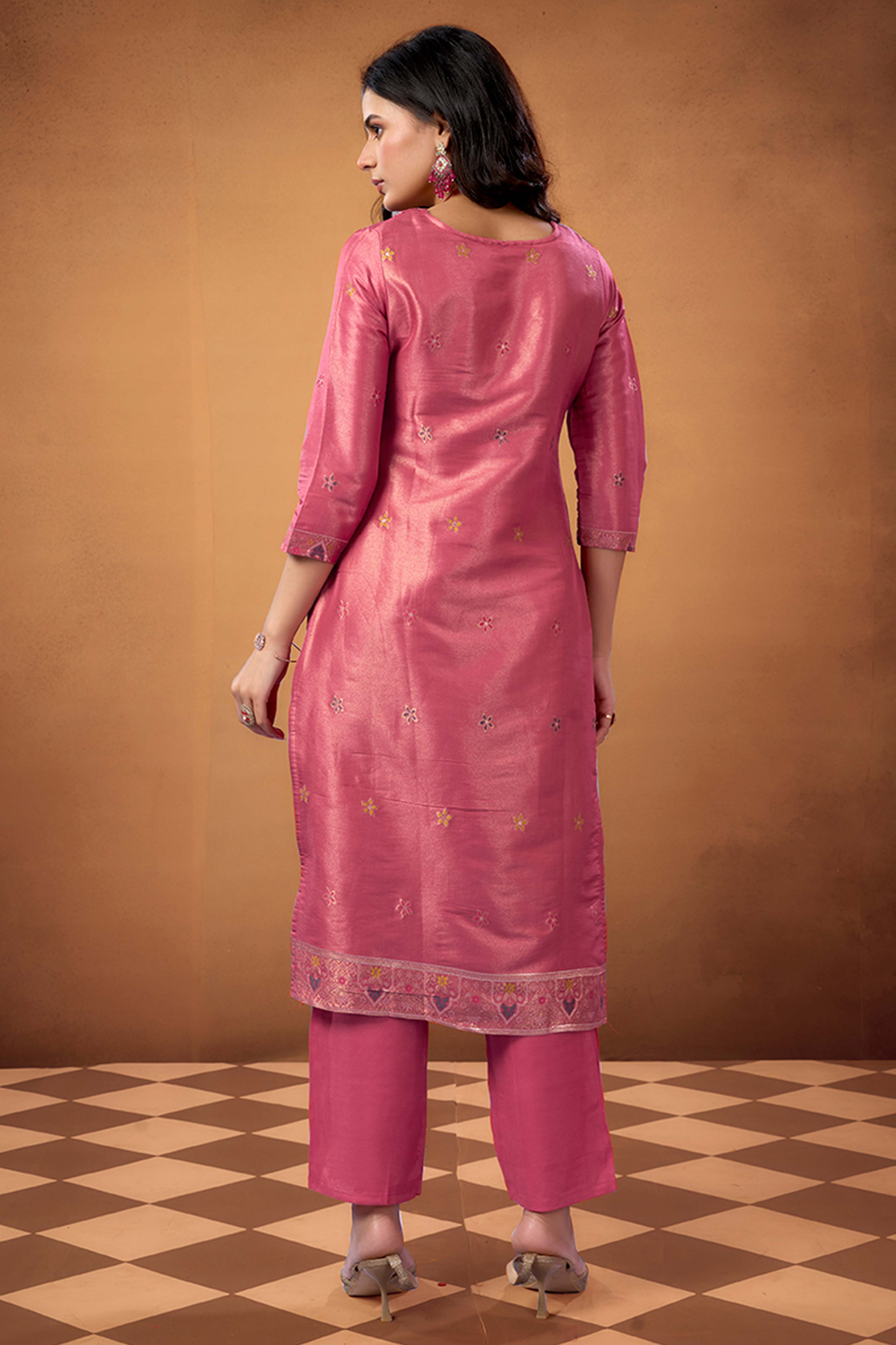 Peach Floral Embroidered Shimmer Jacquard Straight Salwar Suit