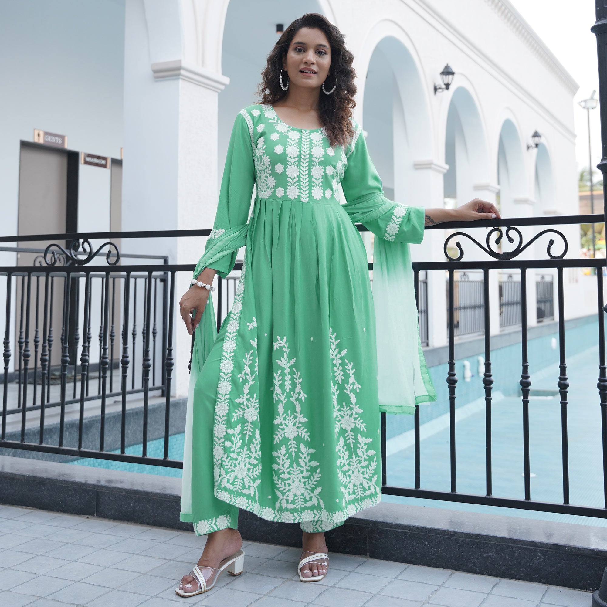 Pista Green Embroidered Rayon Salwar suit