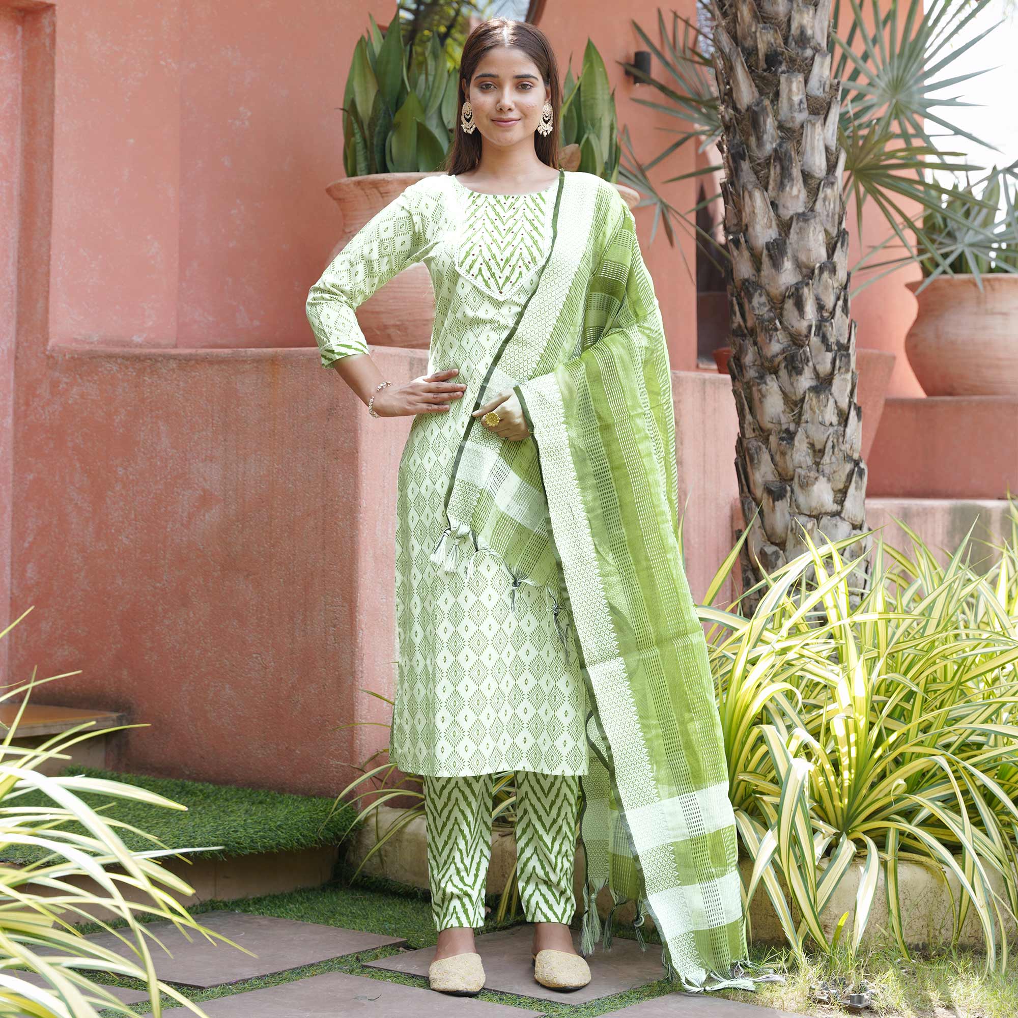 Off White & Green Printed Pure Cotton Salwar Suit