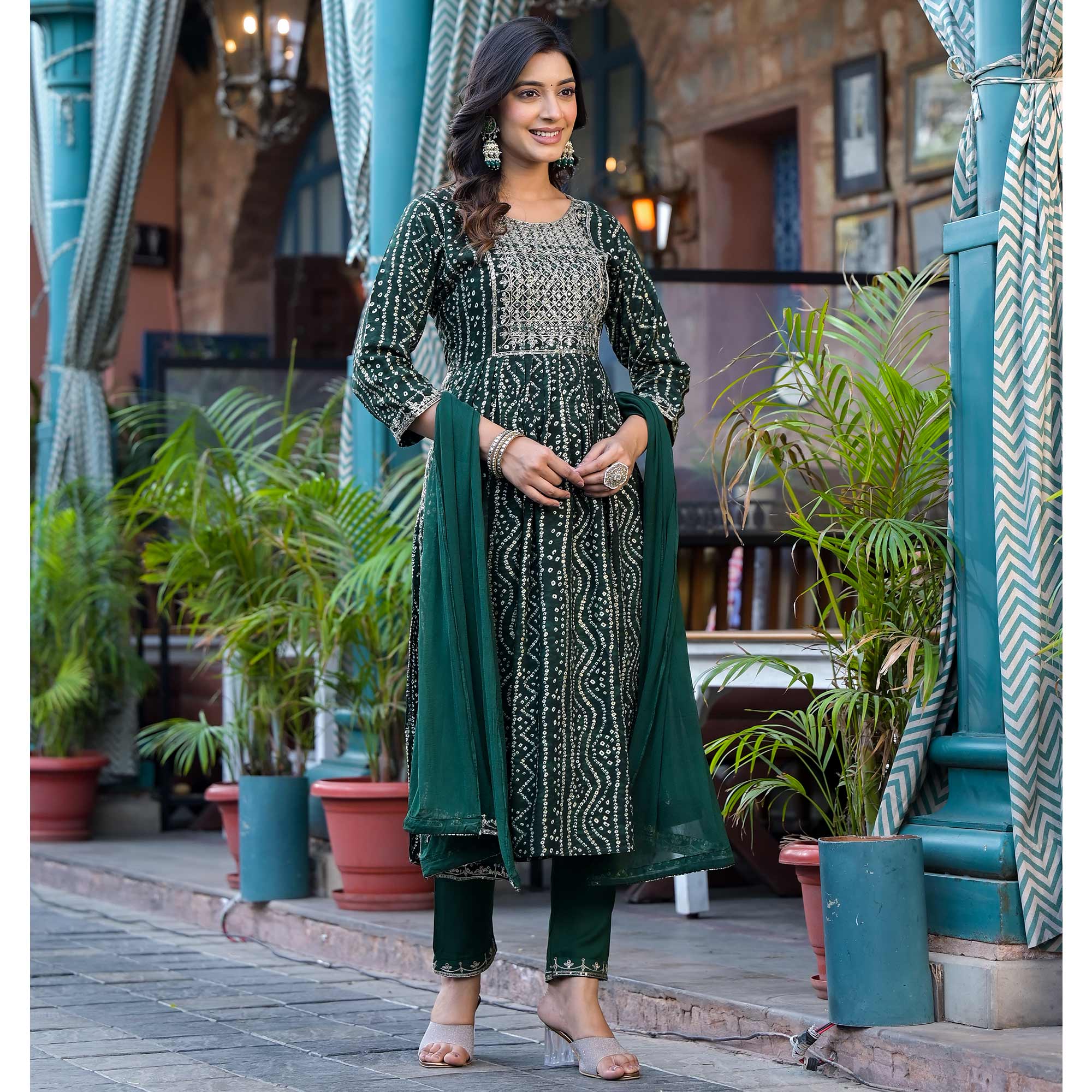 Green Bandhani Printed Naira Cut Rayon Salwar Suit