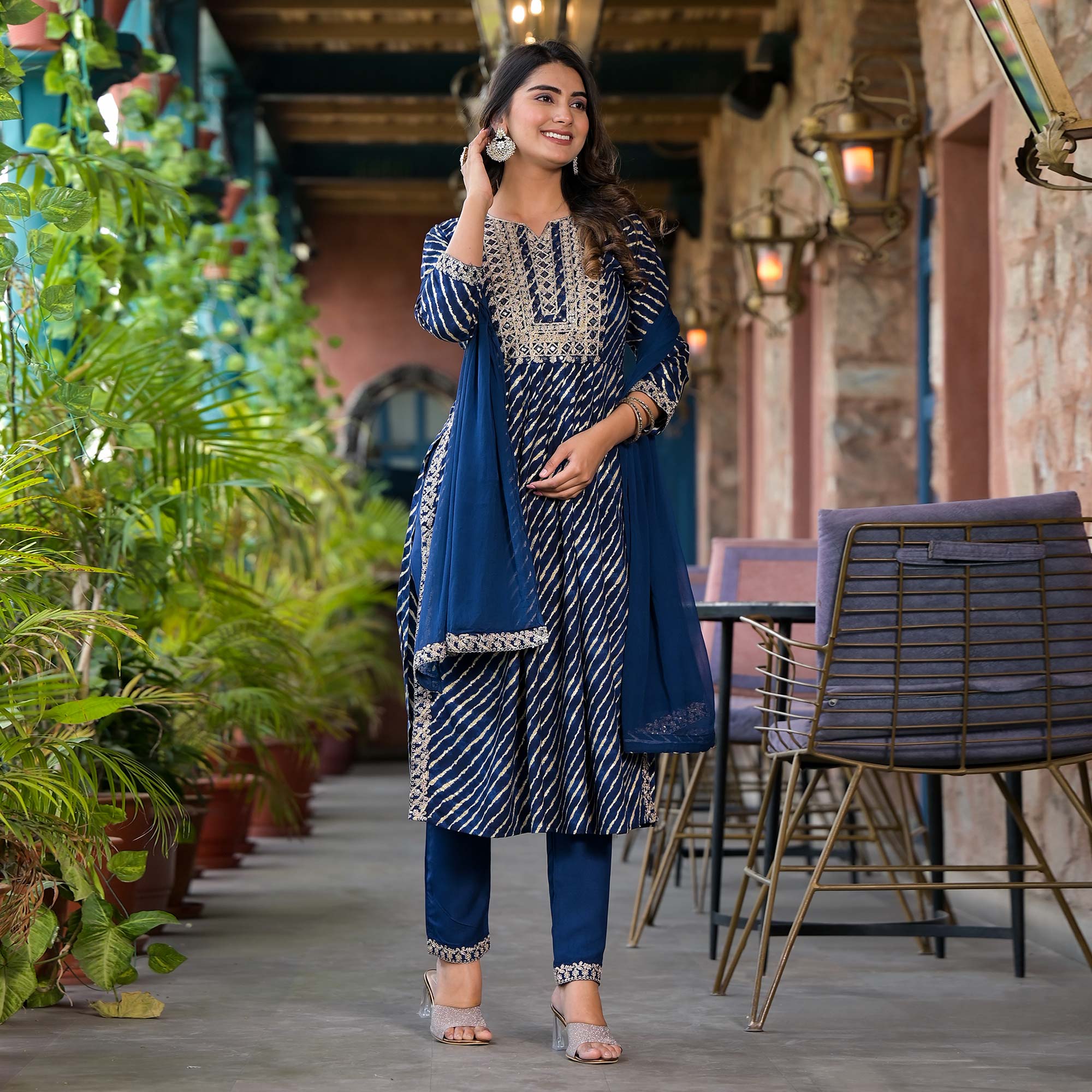 Navy Blue Leheriya Printed Naira Cut Rayon Salwar Suit