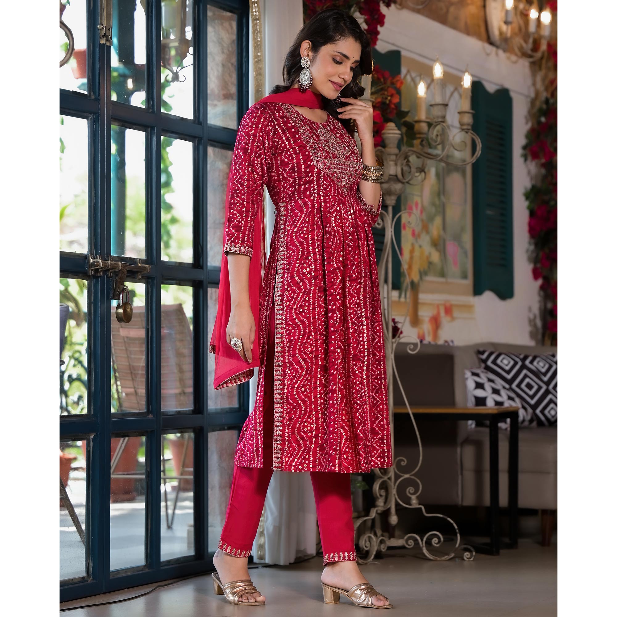 Pink Bandhani Printed Naira Cut Rayon Salwar Suit
