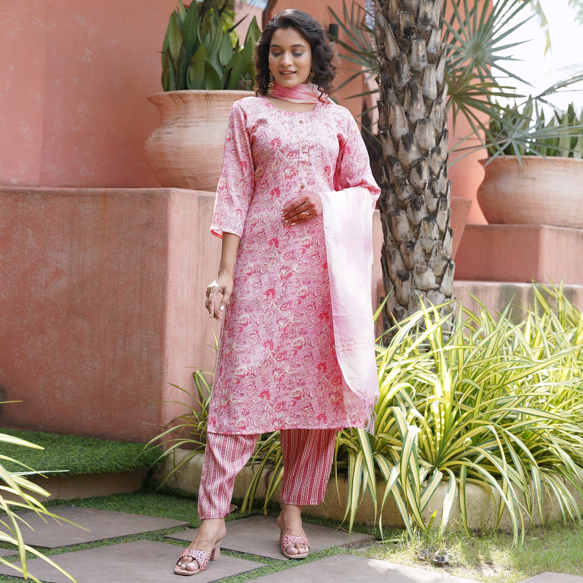 Pink Floral Foil Printed Rayon Suit