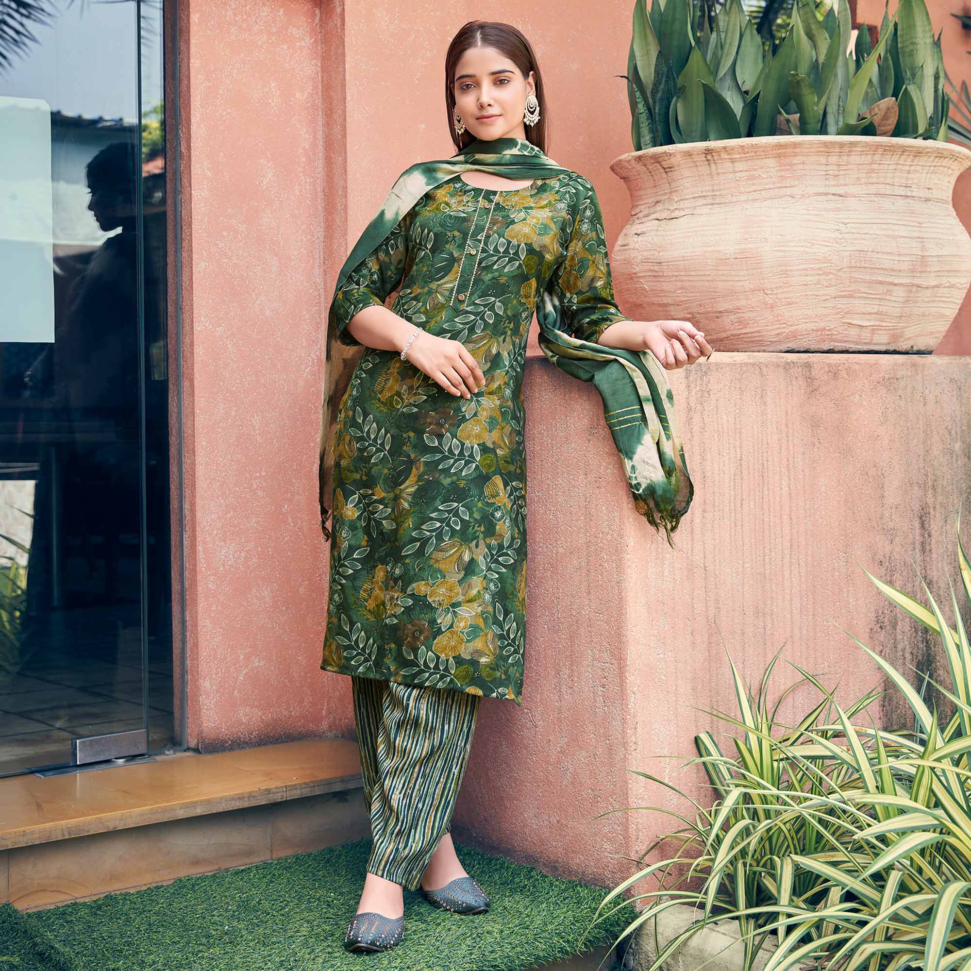 Green Floral Foil Printed Rayon Suit