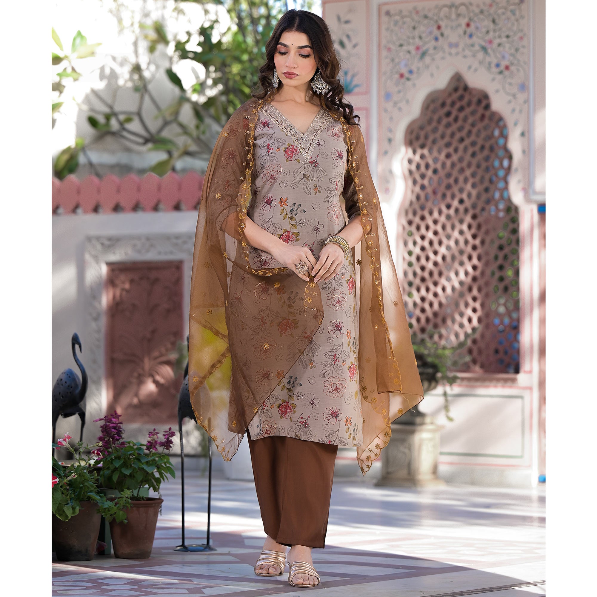 Chikoo Floral Foil Printed Chanderi Silk Straight Salwar Suit