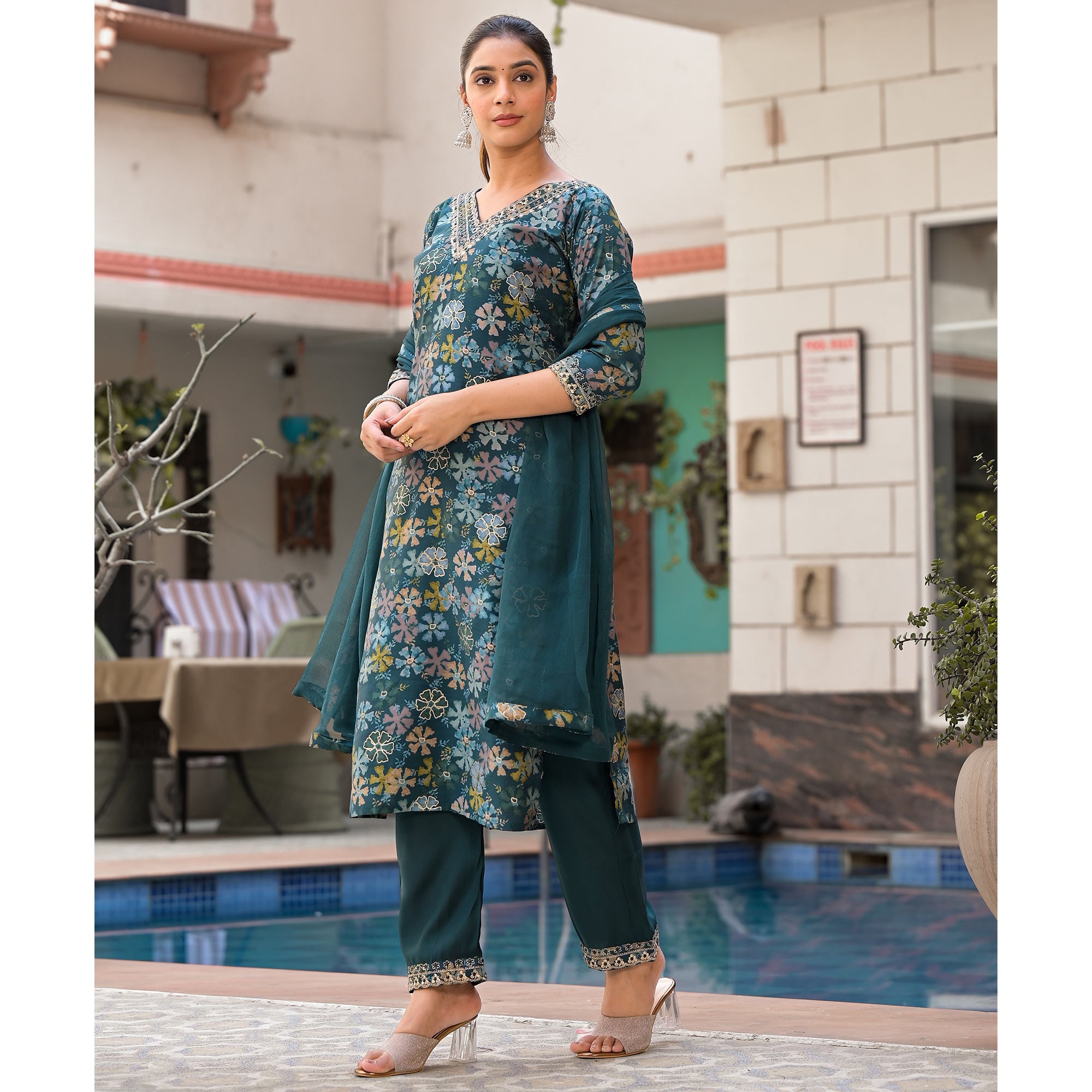 Teal Floral Foil Printed Chanderi Silk Salwar Suit