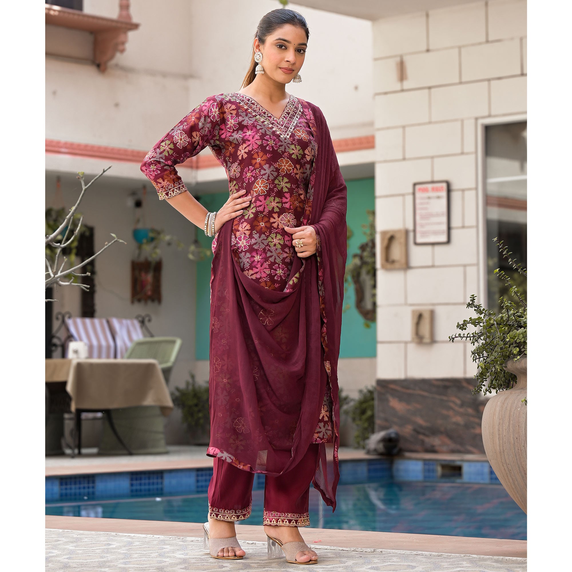 Wine Floral Foil Printed Chanderi Silk Salwar Suit