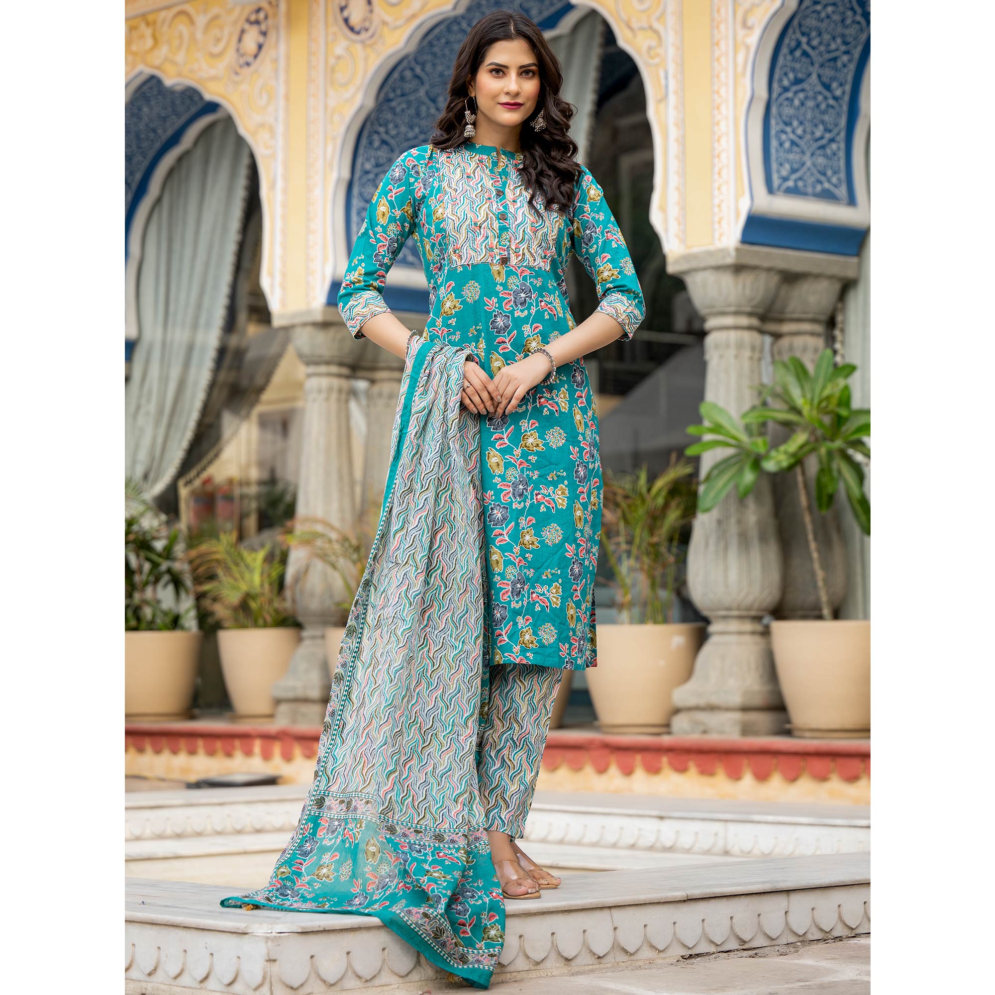 Turquoise Floral Printed Pure Cotton Straight Salwar Suit