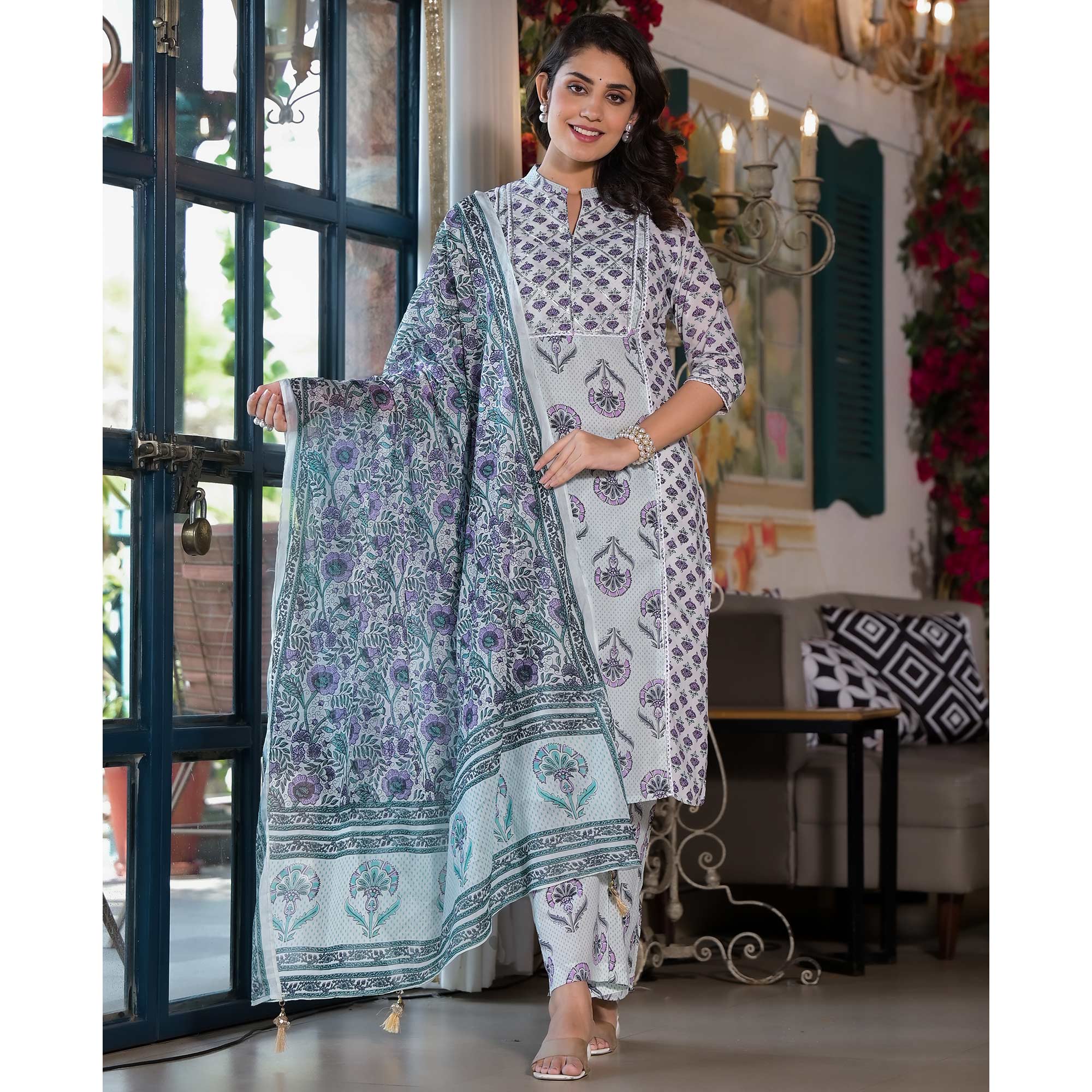 White & Purple Floral Printed Pure Cotton Salwar Suit