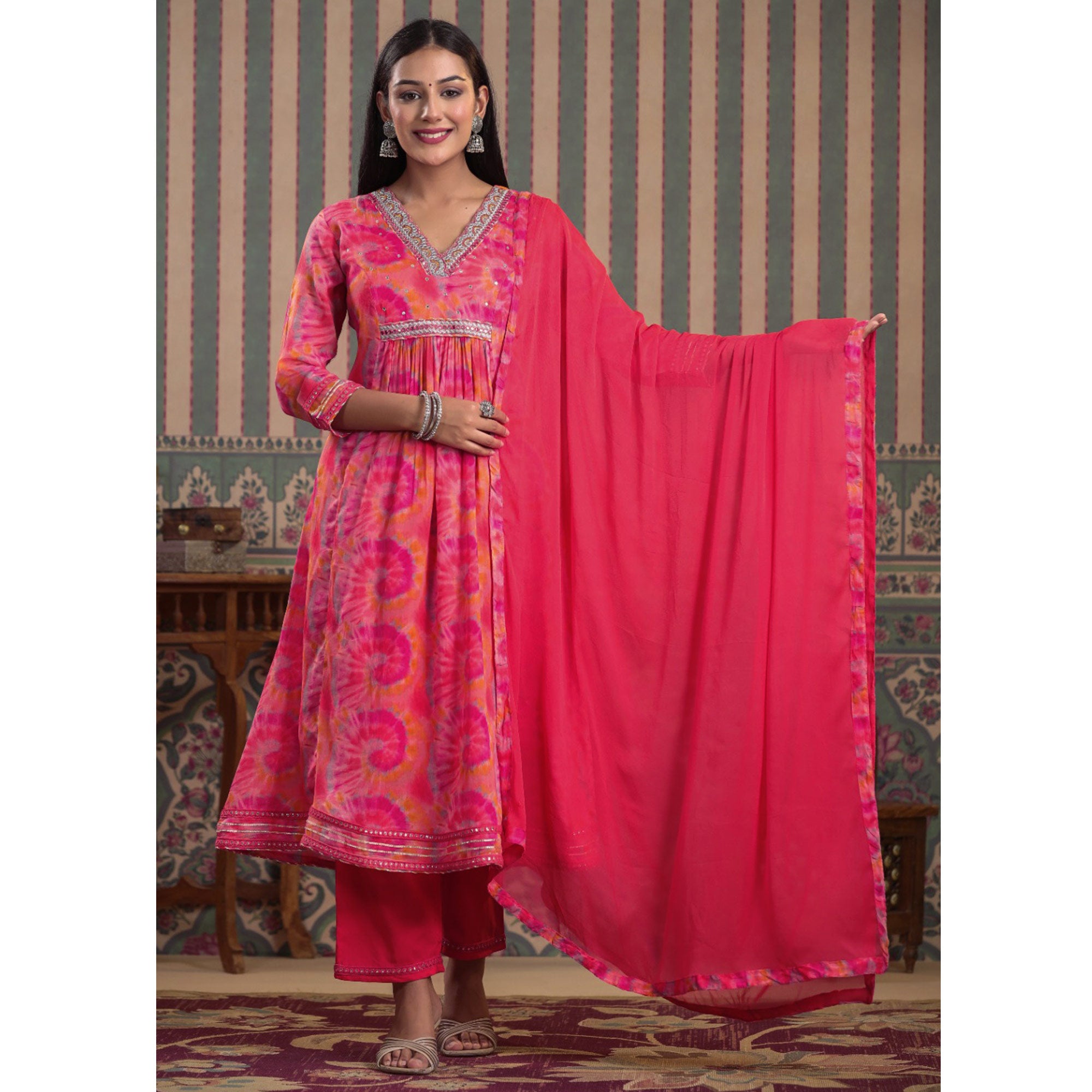 Peach & Pink Printed With Embroidered Chiffon Anarkali Suit