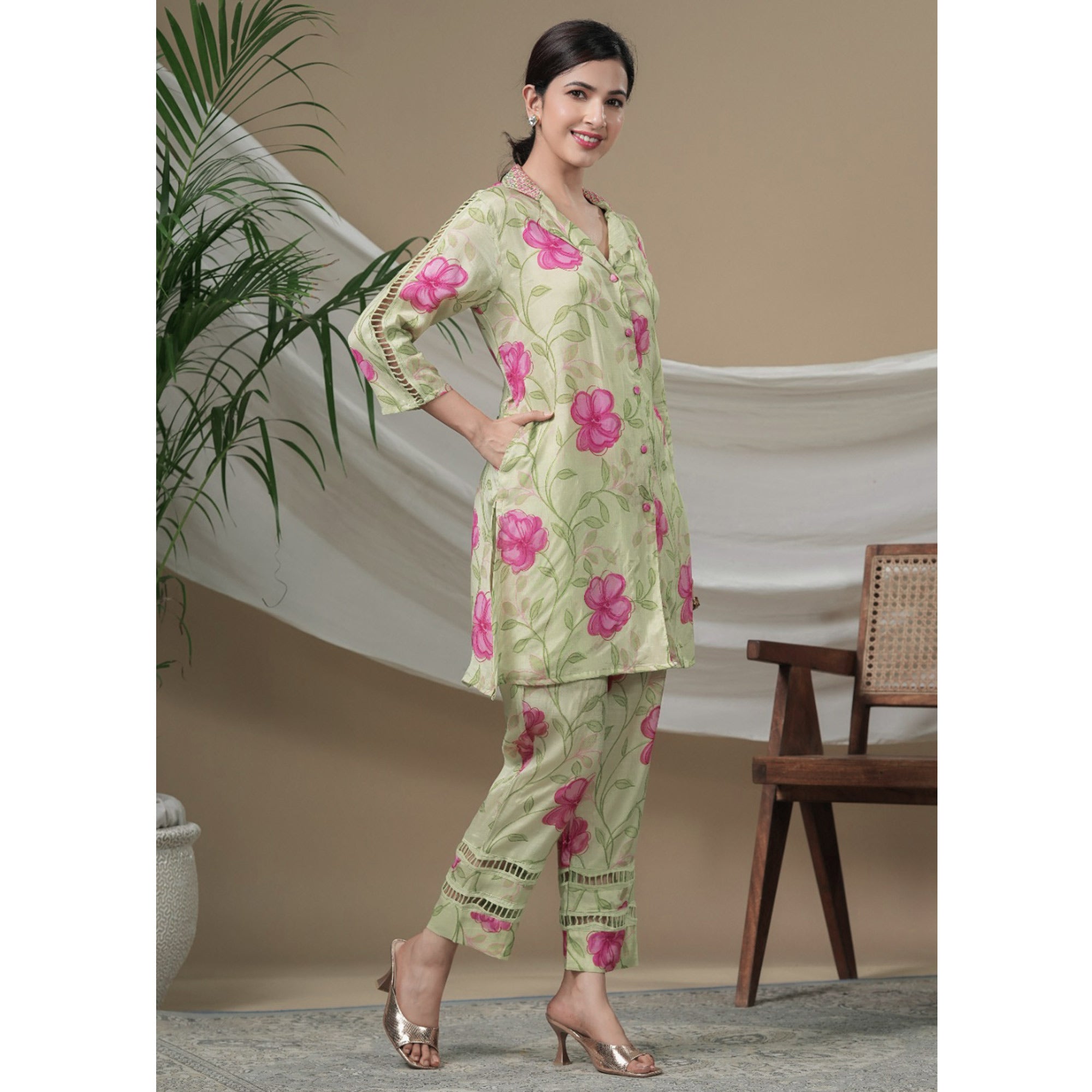 Green Floral Printed Muslin Co Ord Set