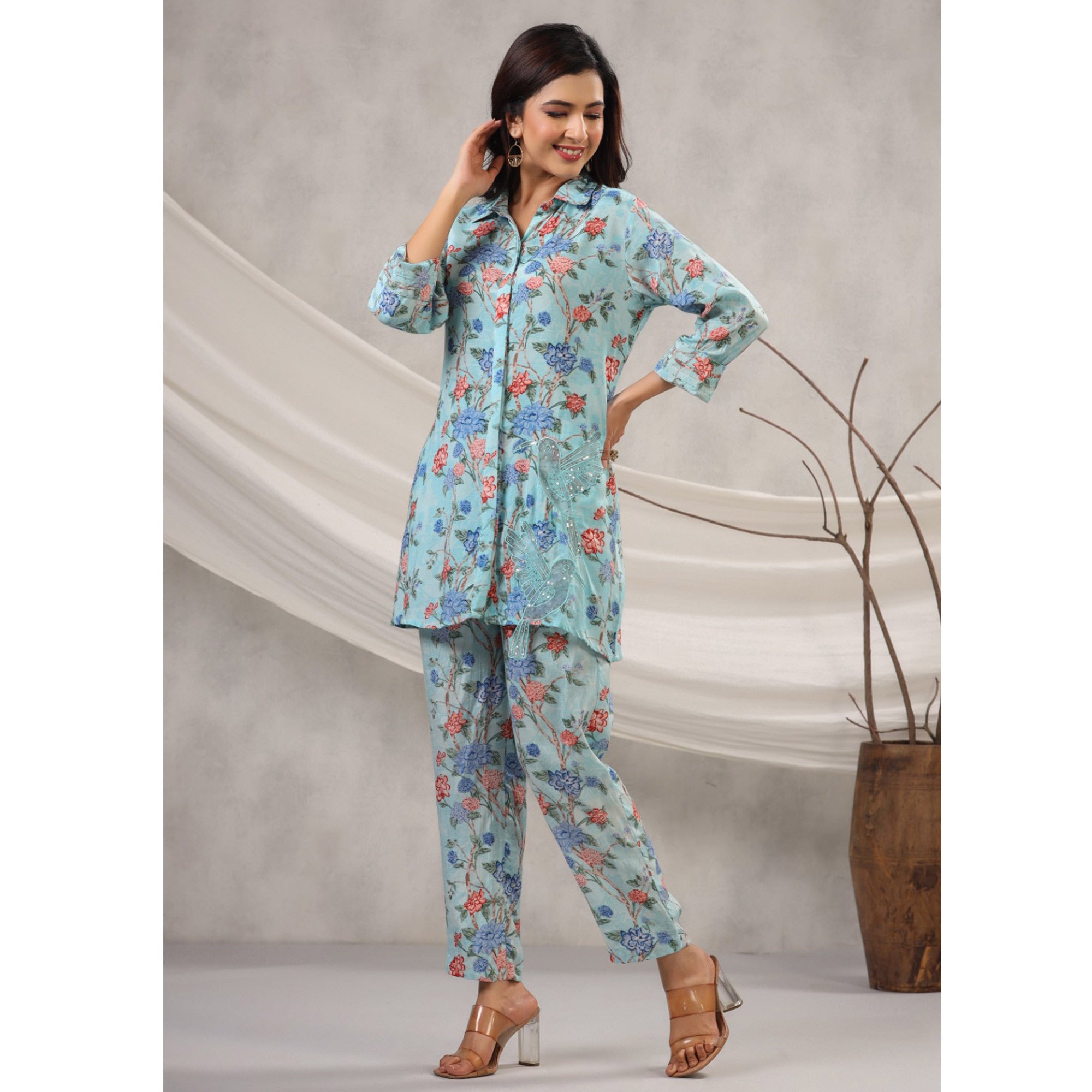 Blue Floral Printed Muslin Co Ord Set