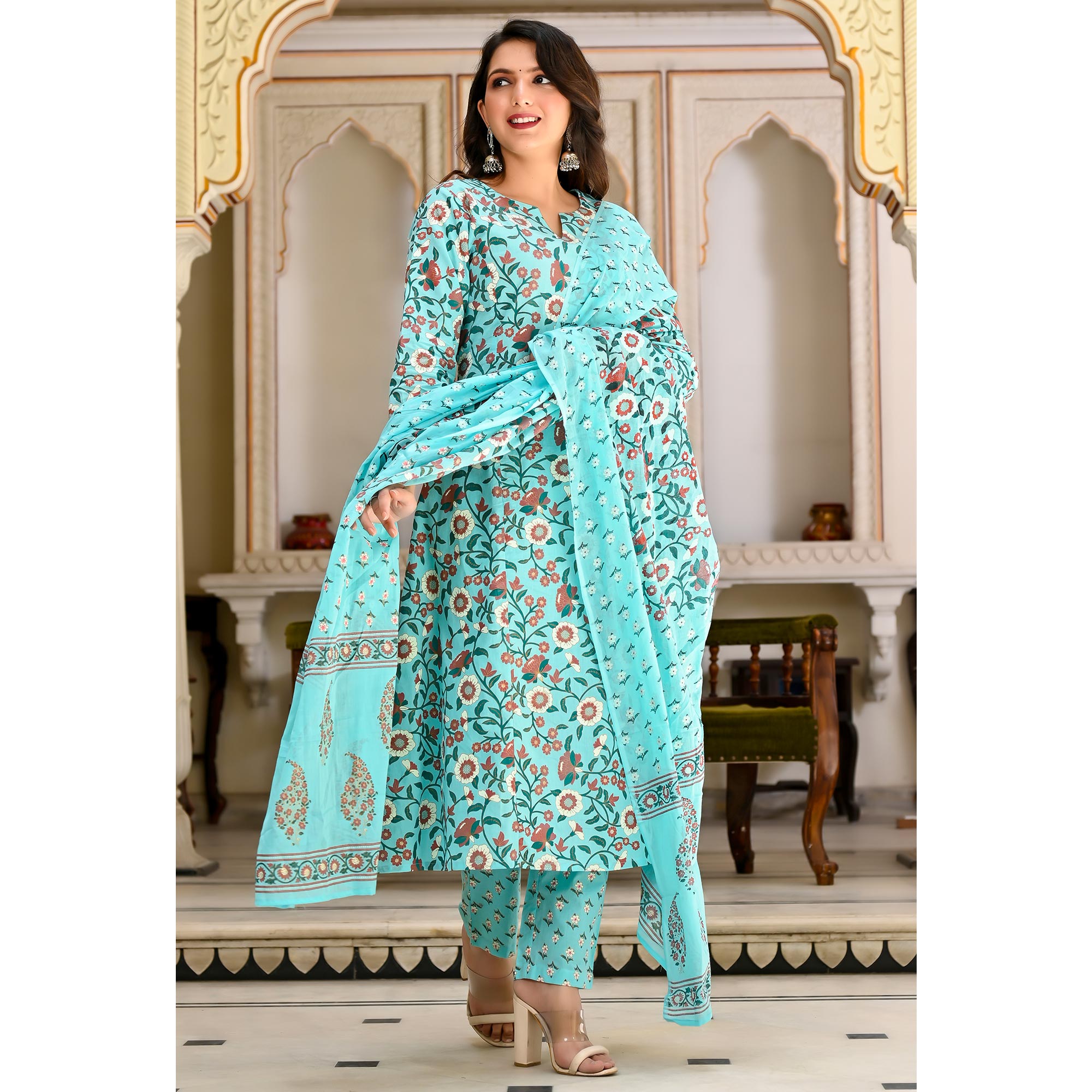 Aqua Blue Floral Printed Pure Cotton A Line Suit