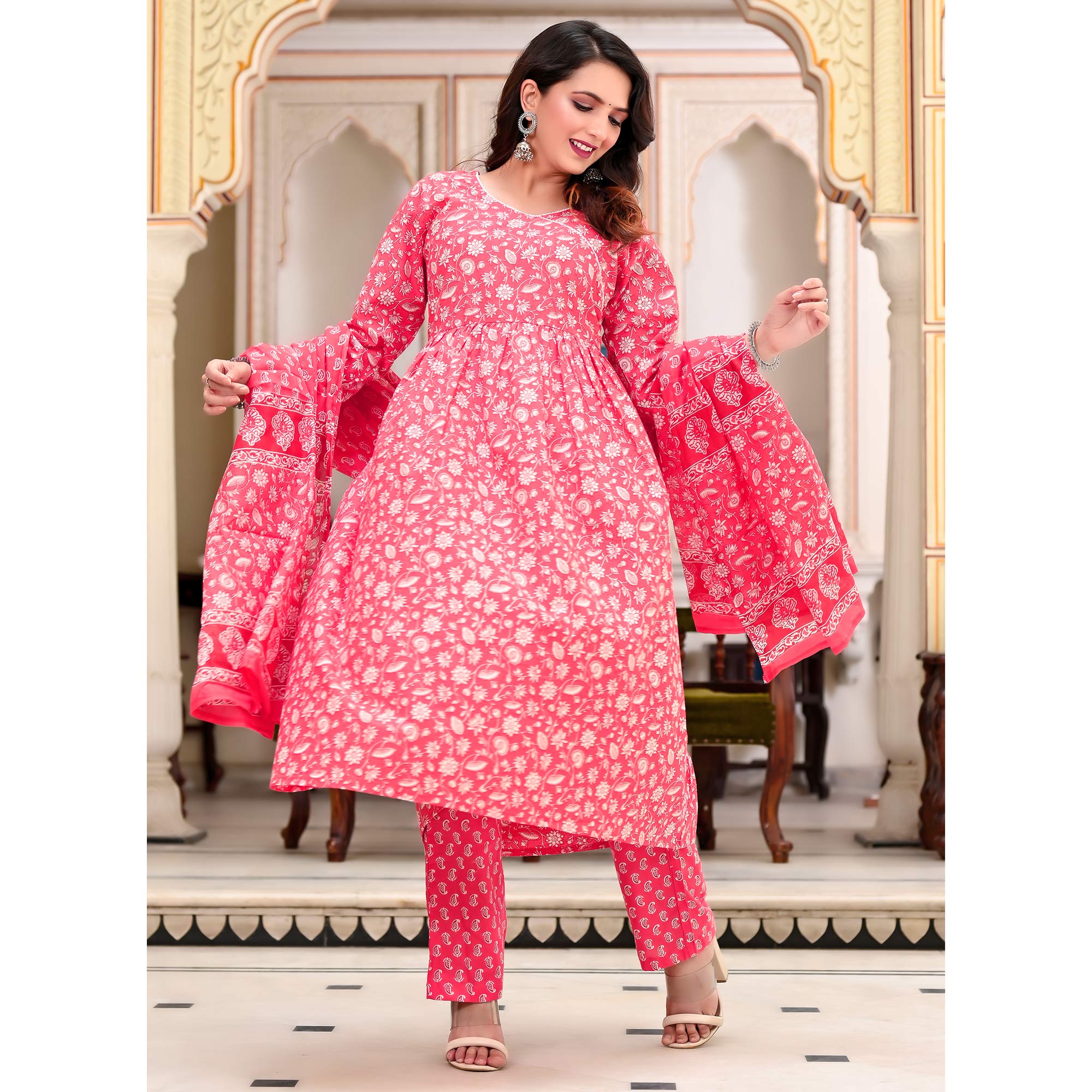 Pink Floral Printed Pure Cotton Anarkali Suit