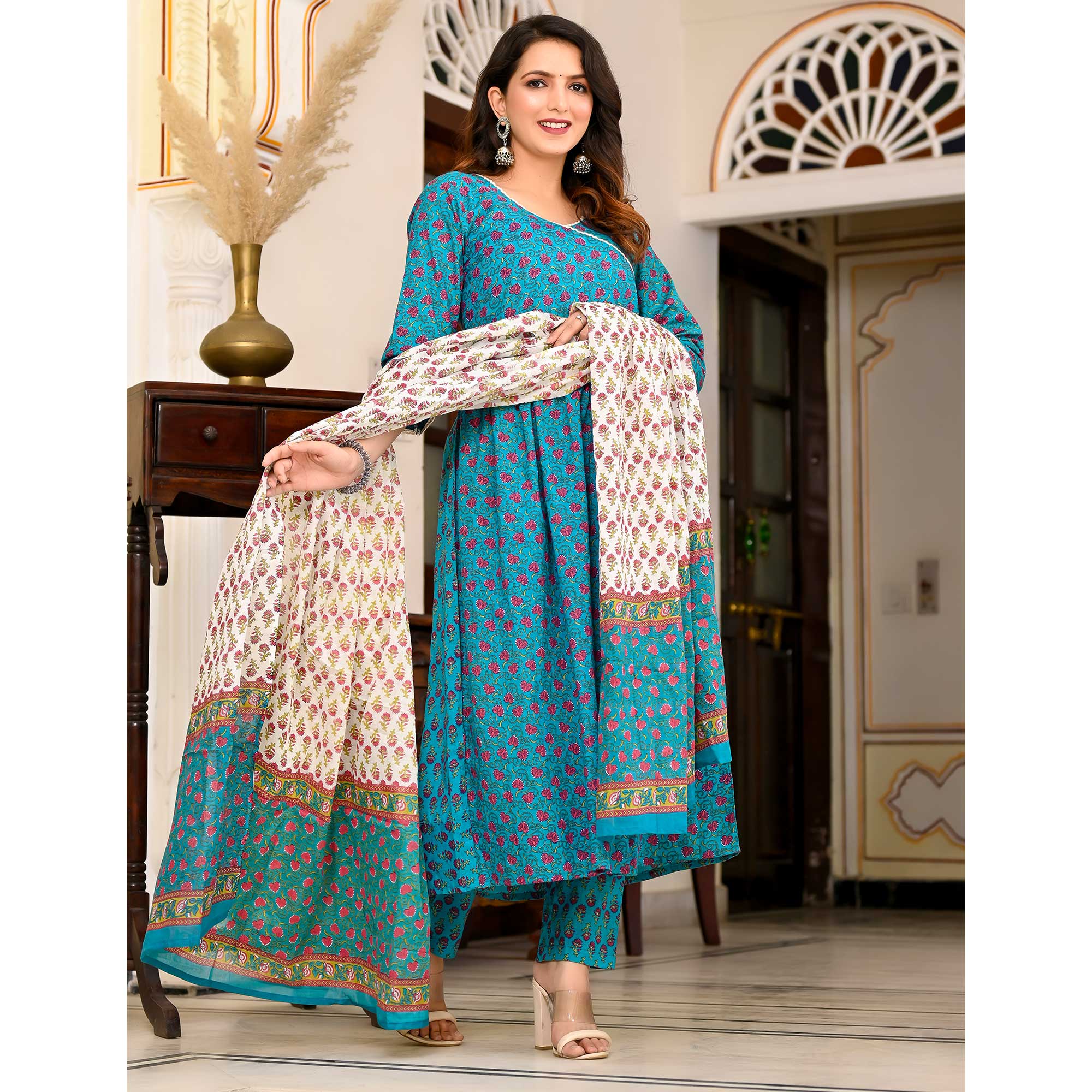 Rama Blue Floral Printed Pure Cotton A Line Suit