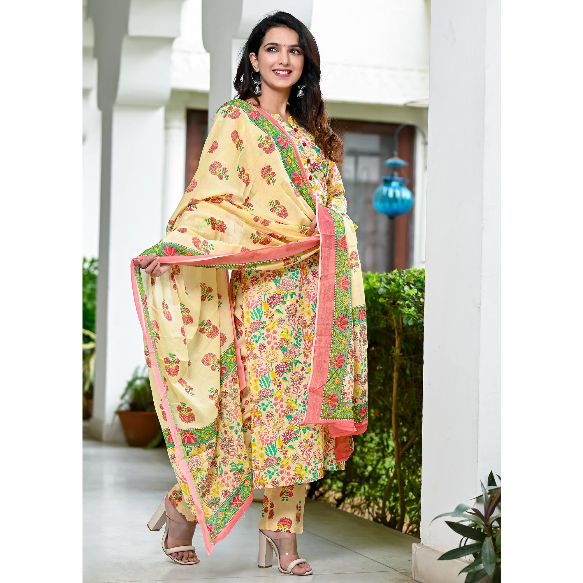 Cream Floral Printed Pure Cotton Salwar Suit