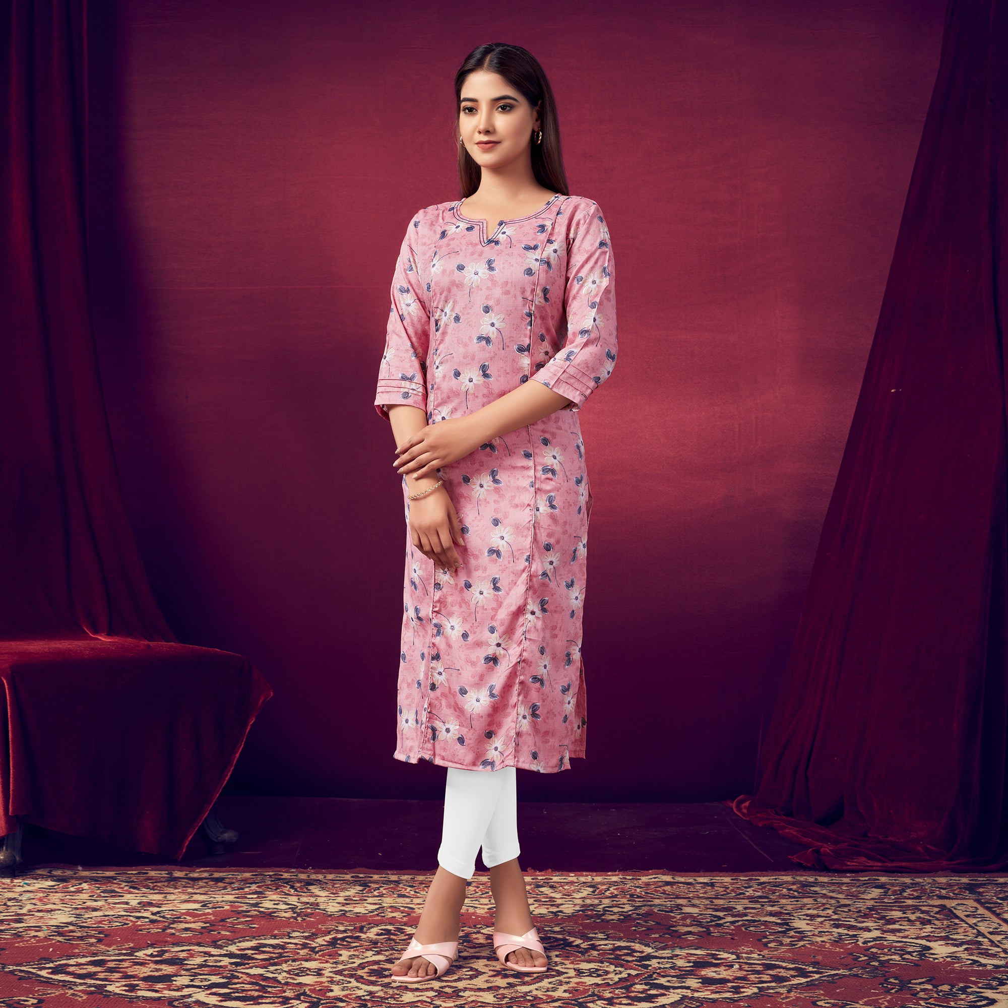 Pink Floral Foil Printed Rayon Kurti
