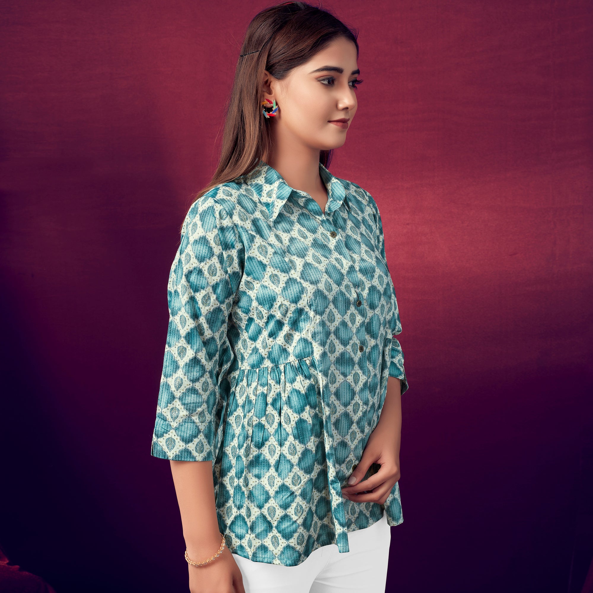 Turquoise Printed Pure Cotton Top