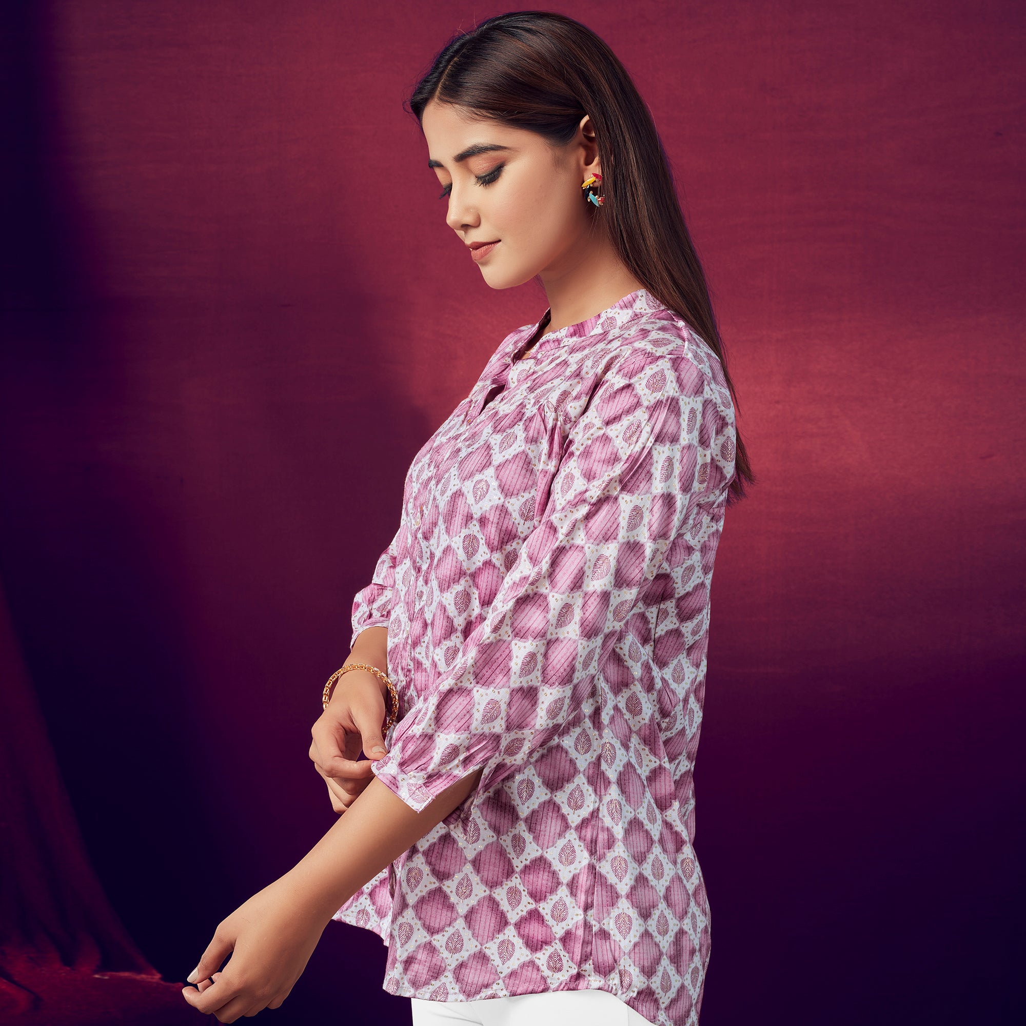 White & Pink Printed Chanderi Silk Top