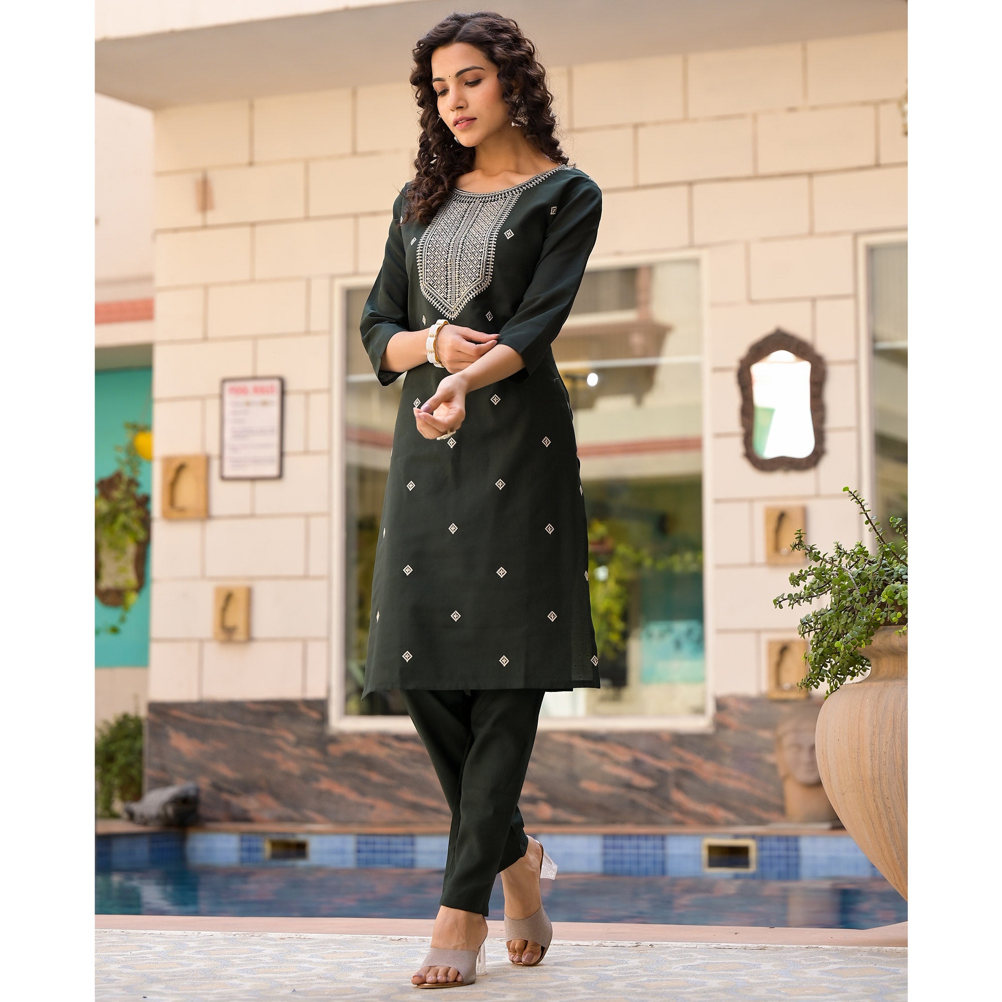 Olive Green Embroidered Viscose Straight Kurti Sets