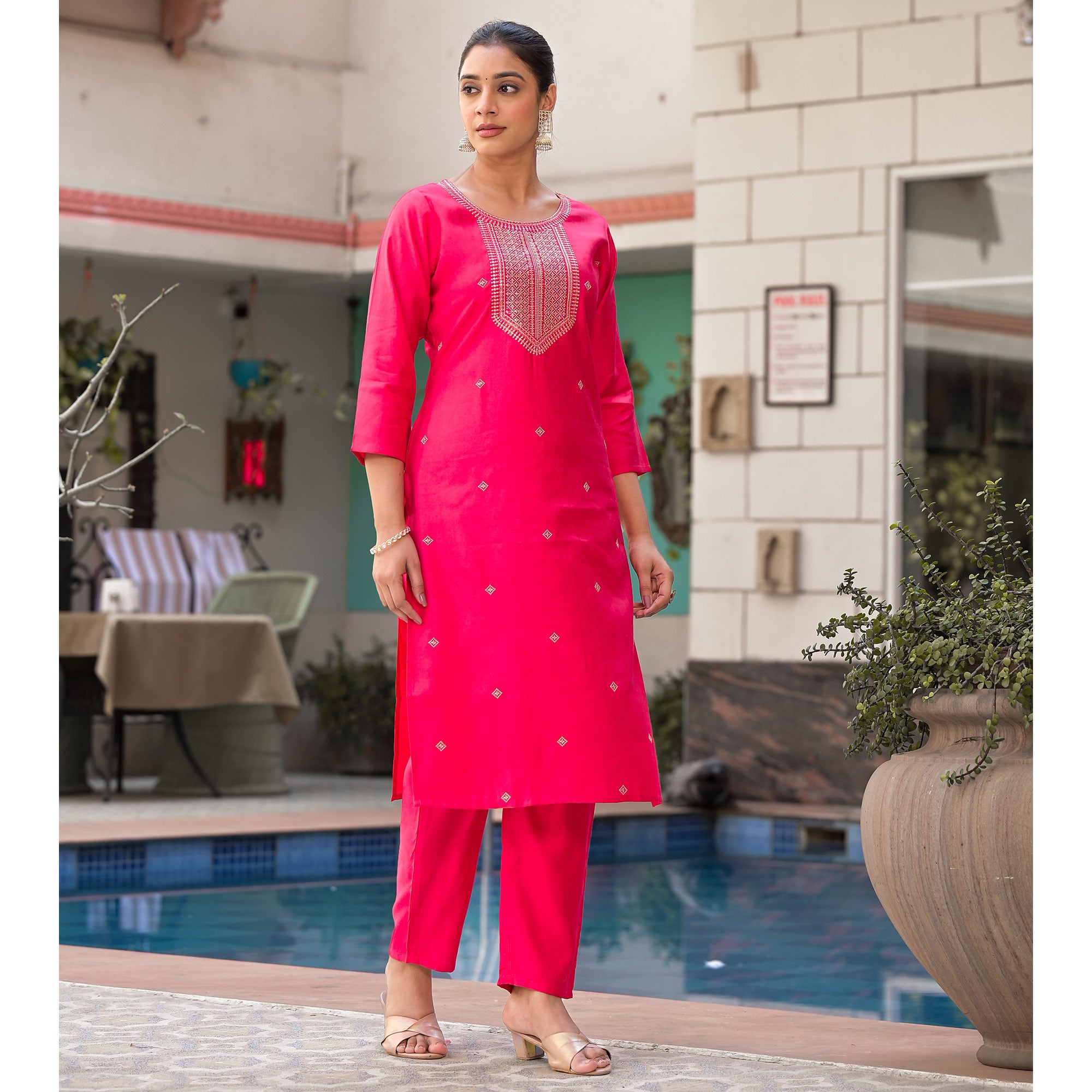 Pink Embroidered Viscose Straight Kurti Sets