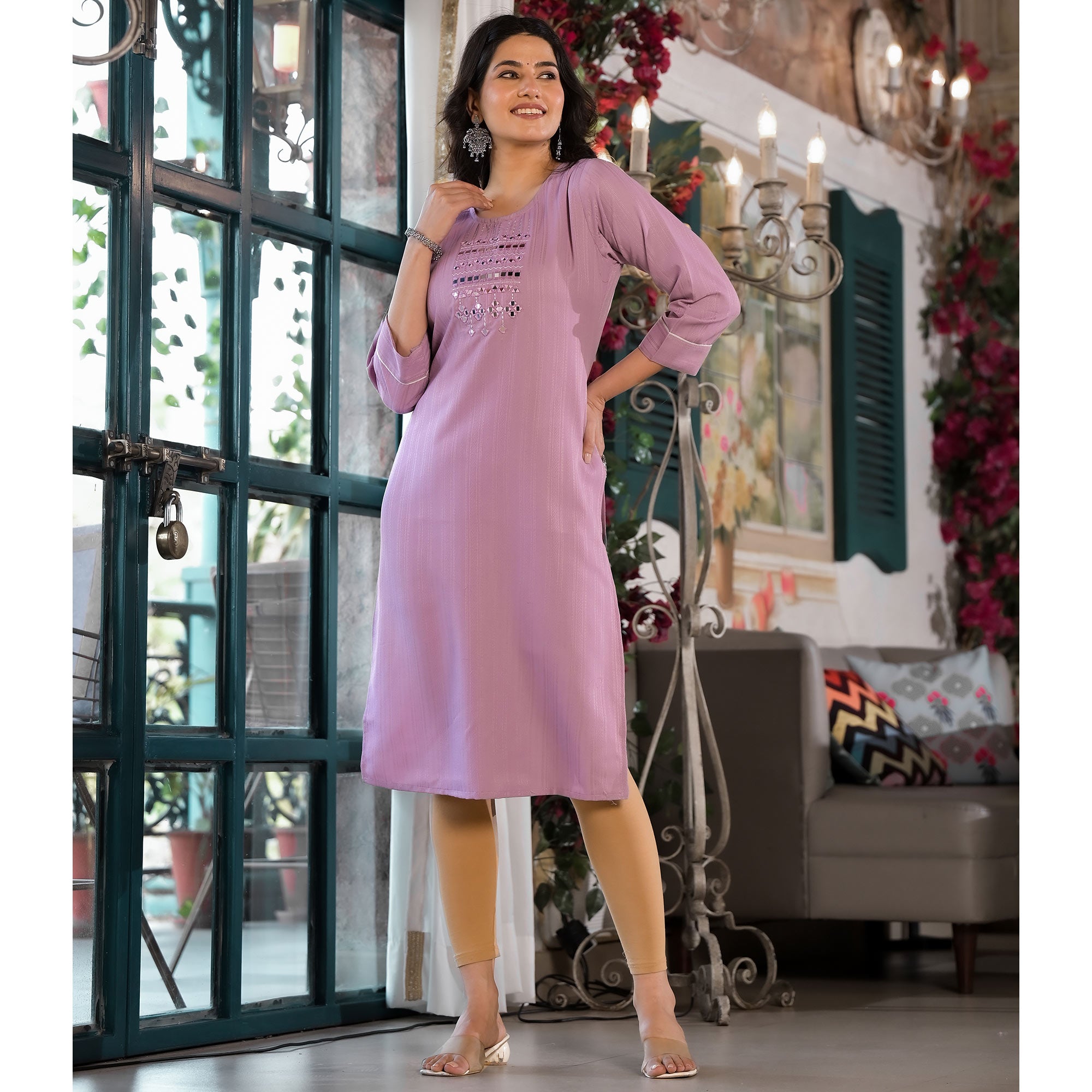 Purple Striped Embroidered Rayon Straight Kurti