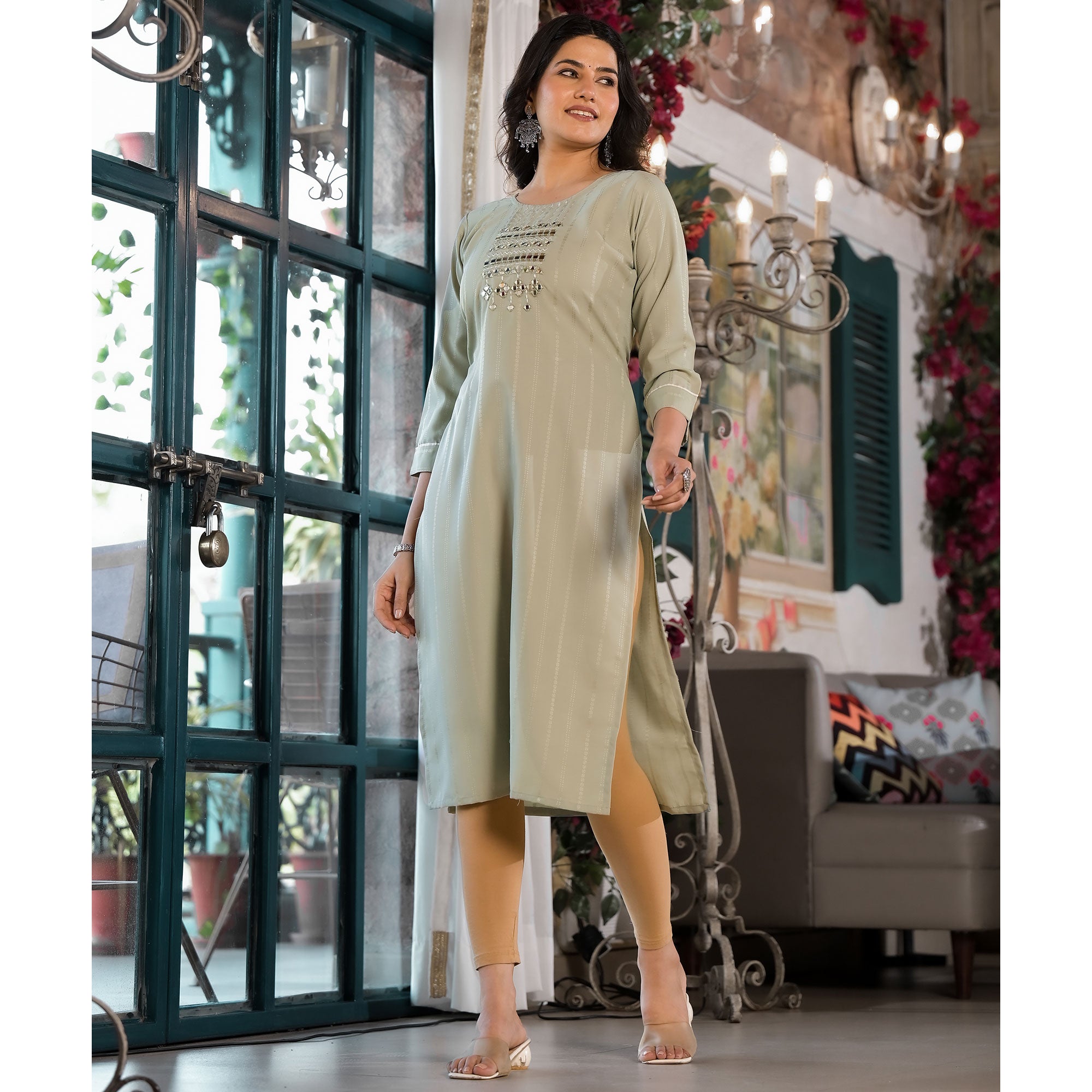 Sea Green Striped Embroidered Rayon Straight Kurti