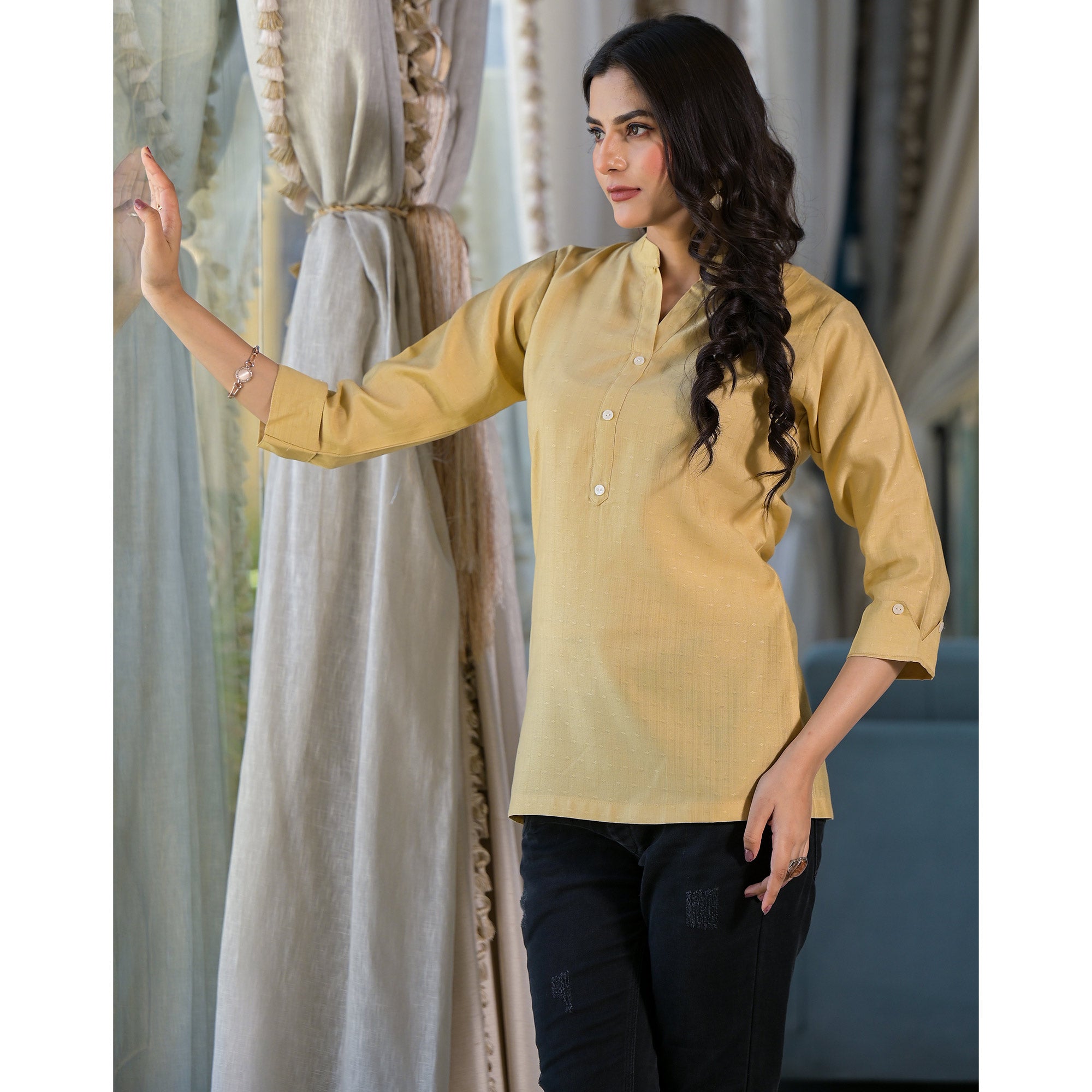 Beige Solid Cotton Silk Straight Top