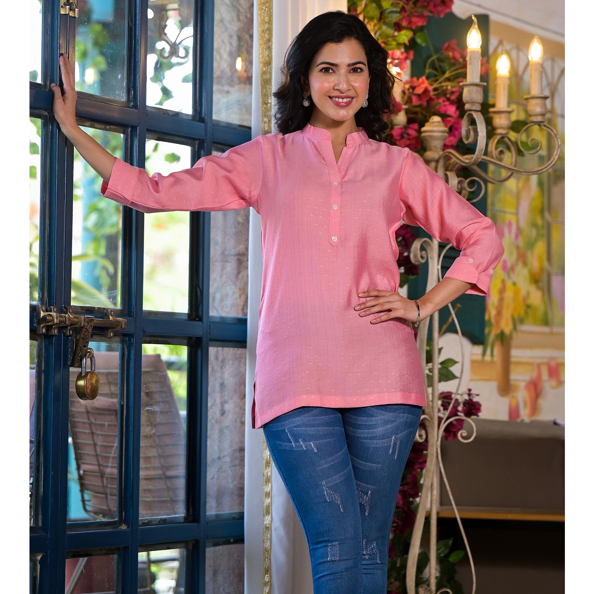 Pink Solid Cotton Silk Straight Top