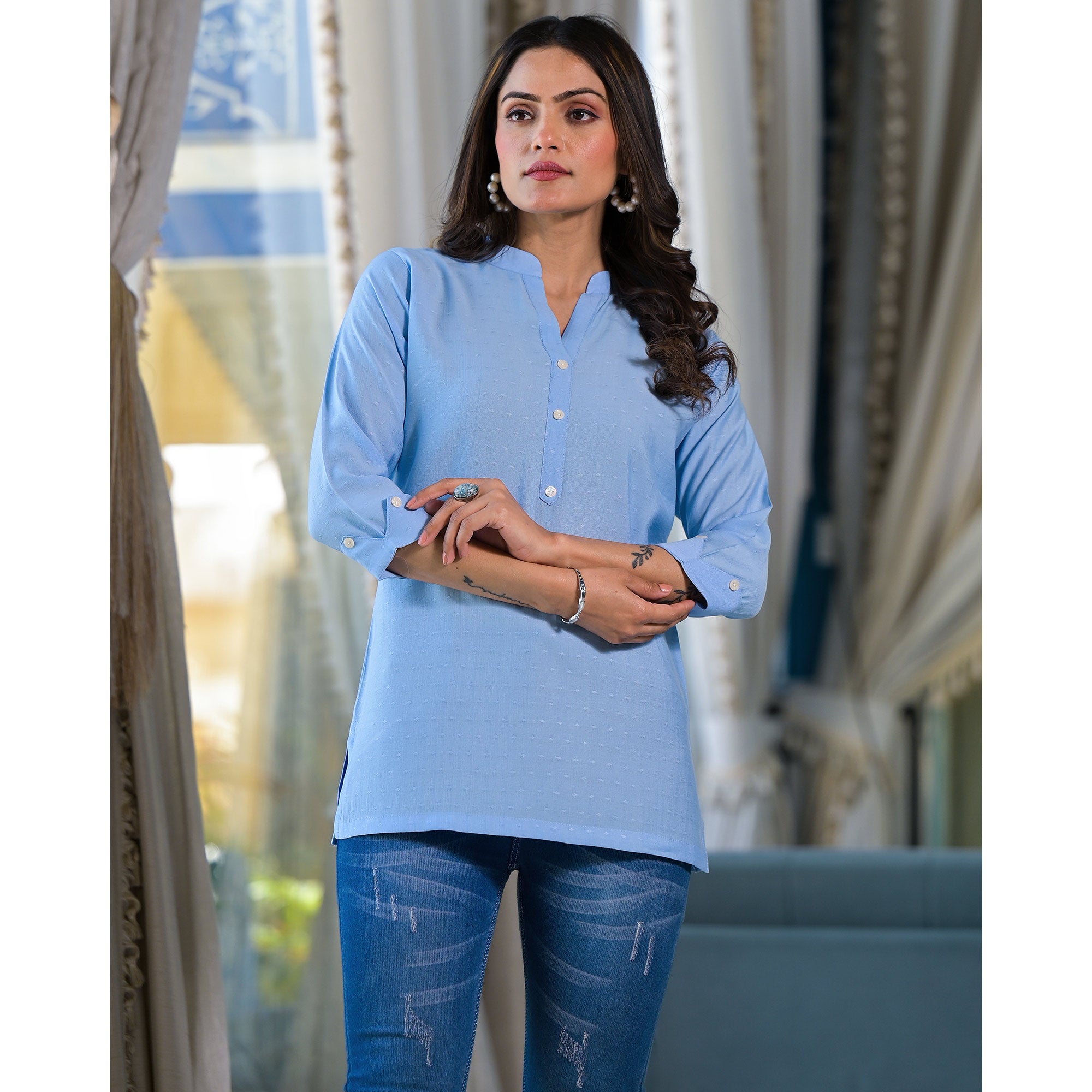 Sky Blue Solid Cotton Silk Straight Top