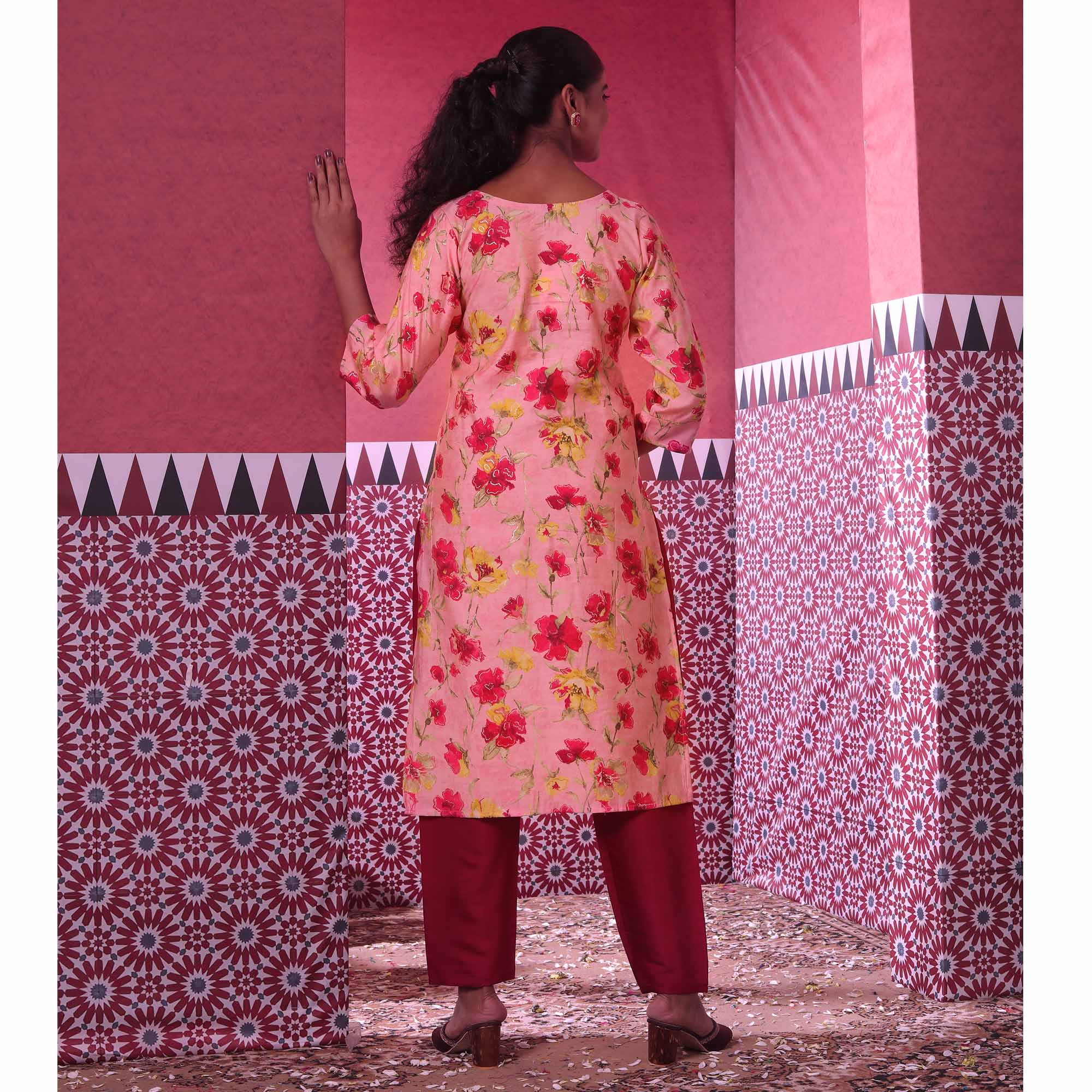 Pink Floral Foil Printed Modal Suit