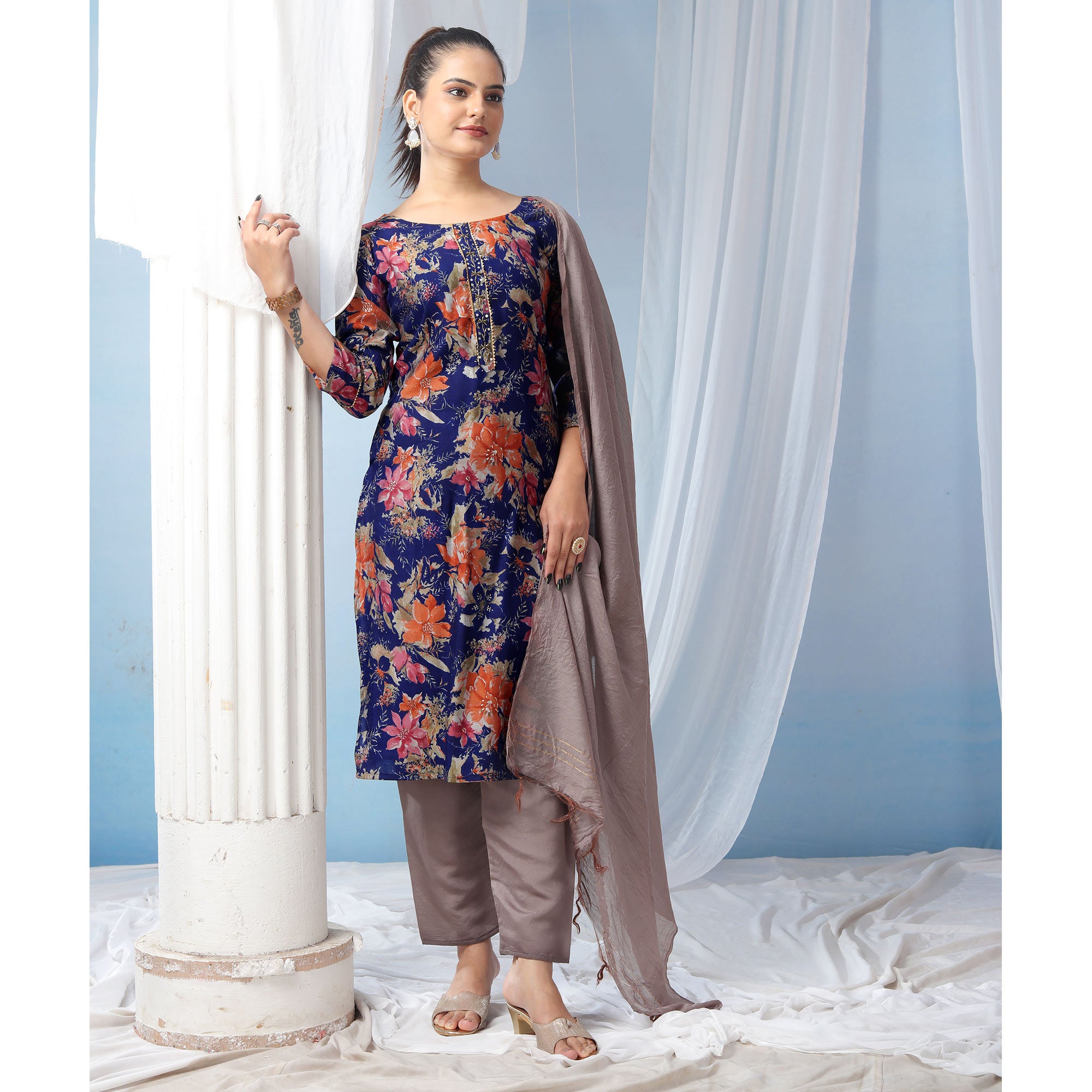 Navy Blue Floral Foil Printed Modal Suit