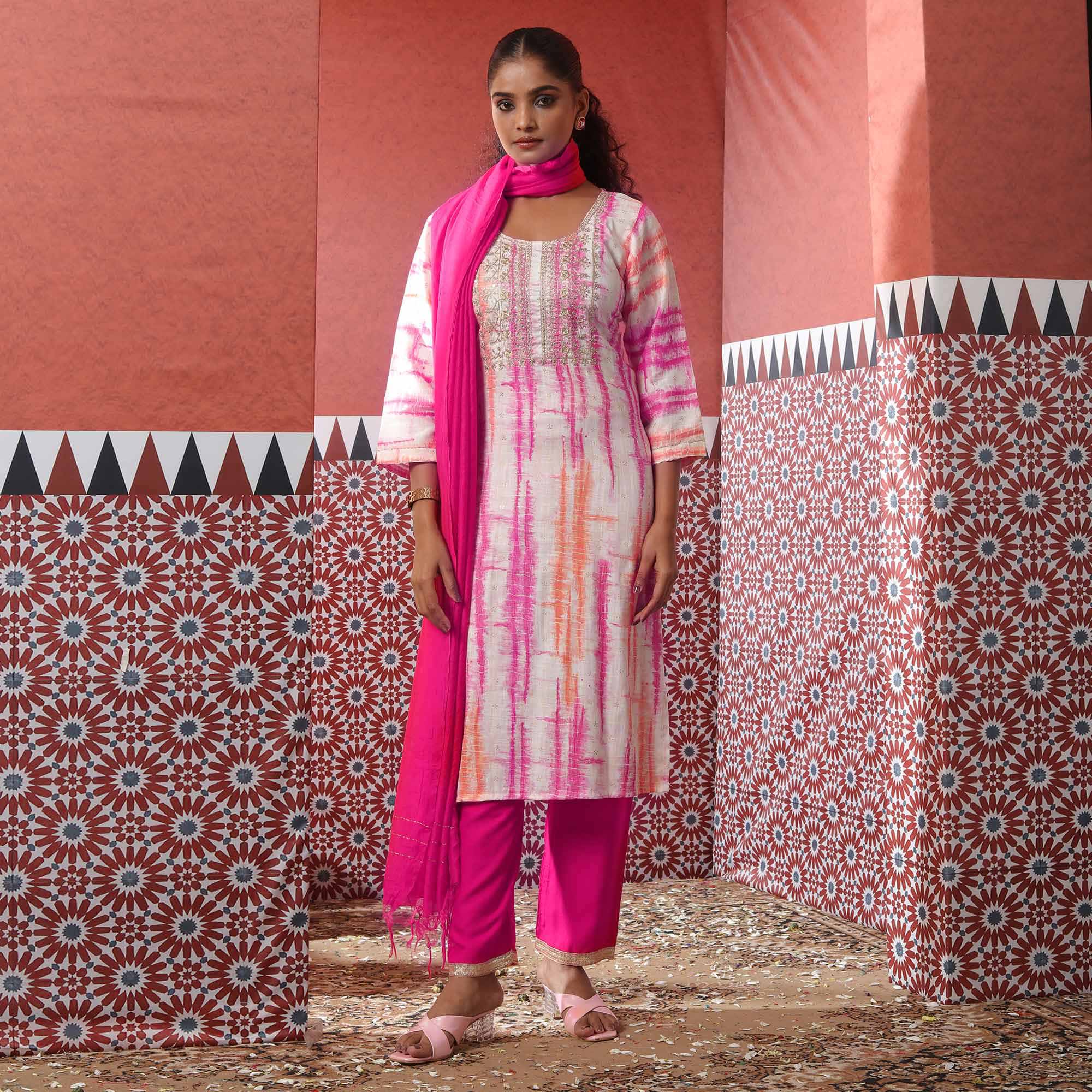 White & Pink Striped Printed Pure Cotton Suit