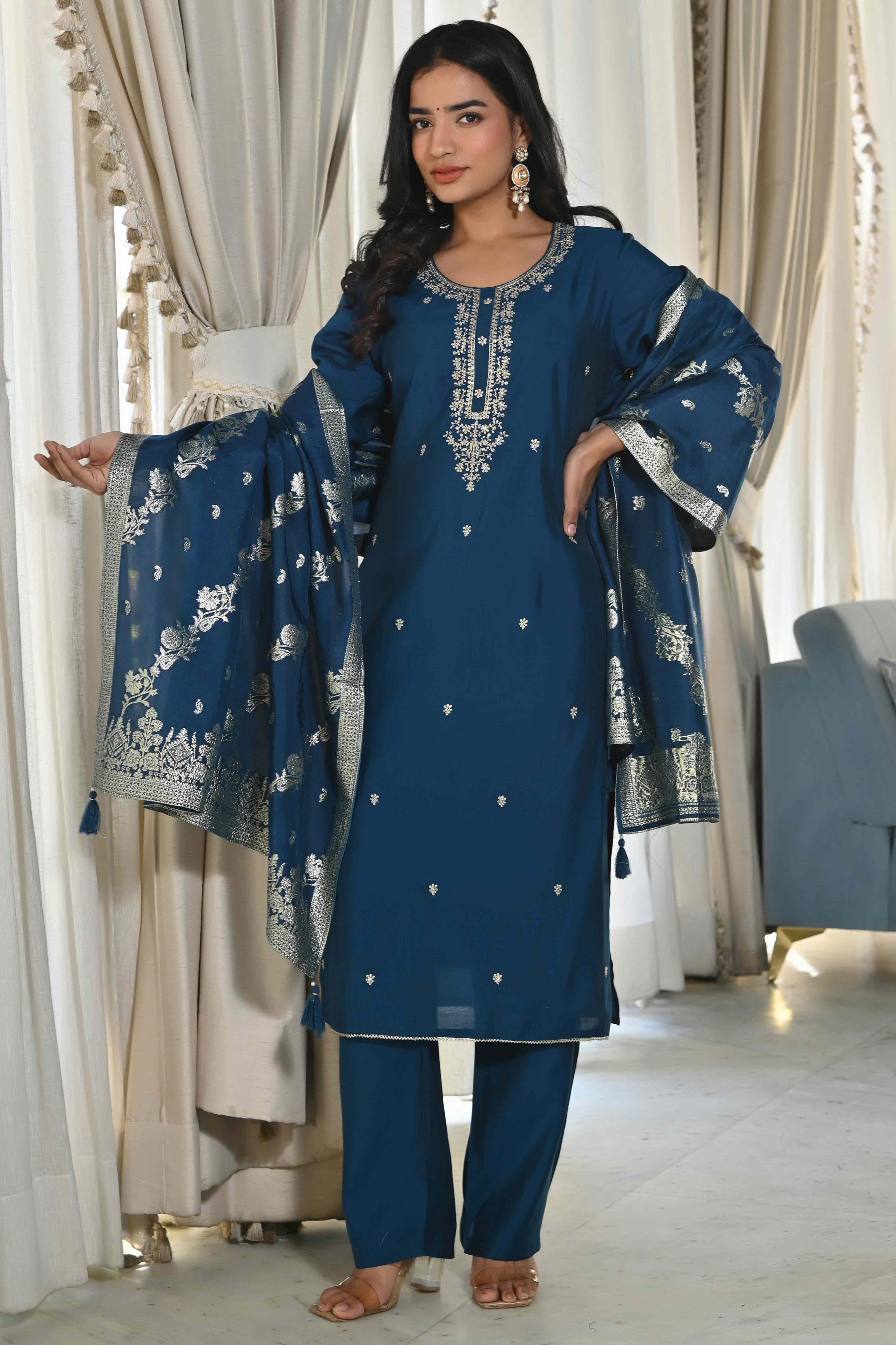 Blue Sequins Embroidered Chanderi Silk Salwar Suit