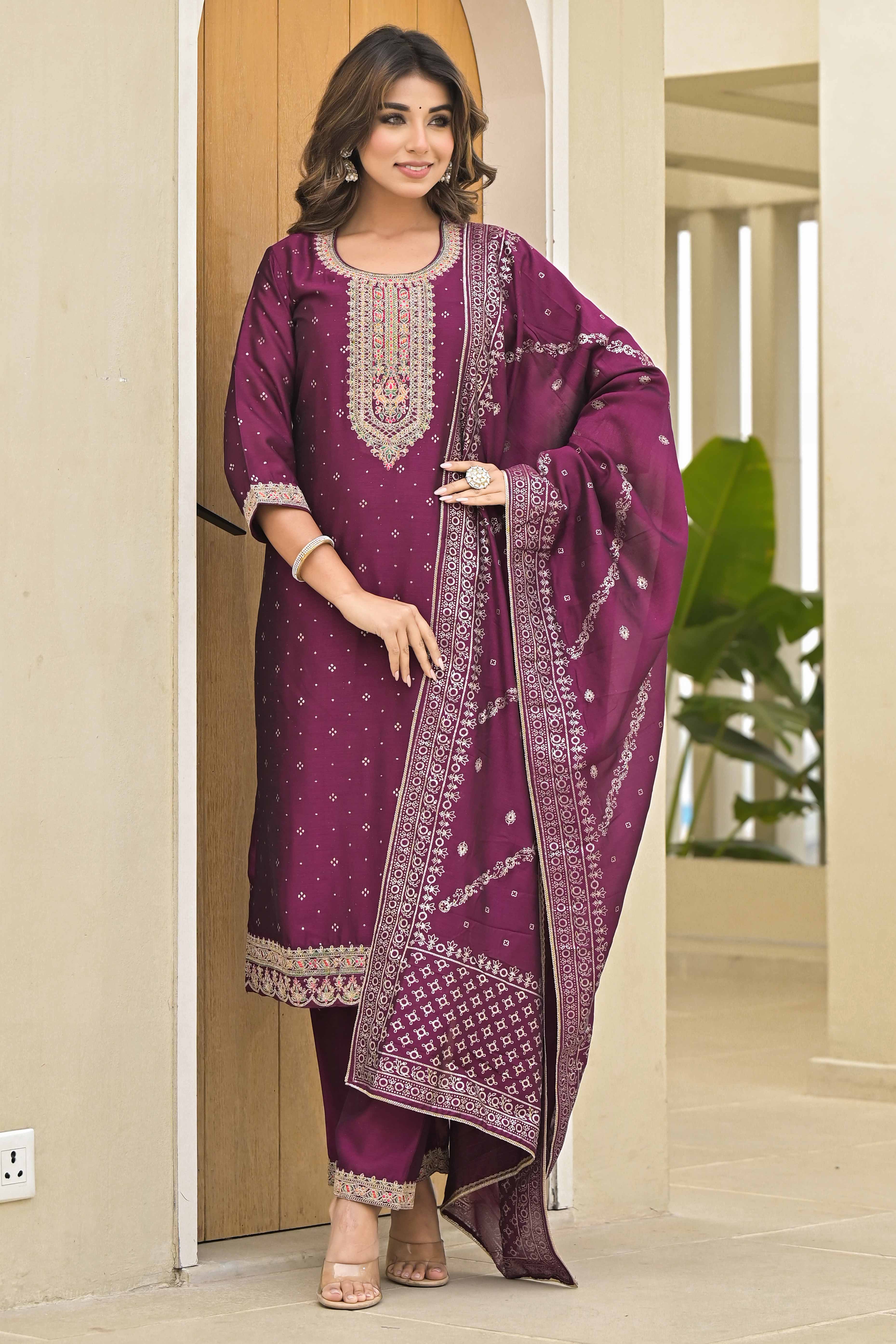 Dark Purple Golden Embroidered Vichitra Silk Salwar Suit